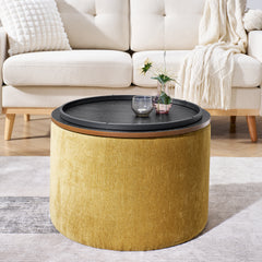 2-Piece Set Round Chenille Storage Ottoman, Equipped with a Drum Shaped Small Stool, Storage Space, and MDF Made Desktop Panel (Dark Yellow 23.62"x23.62"x16.53")