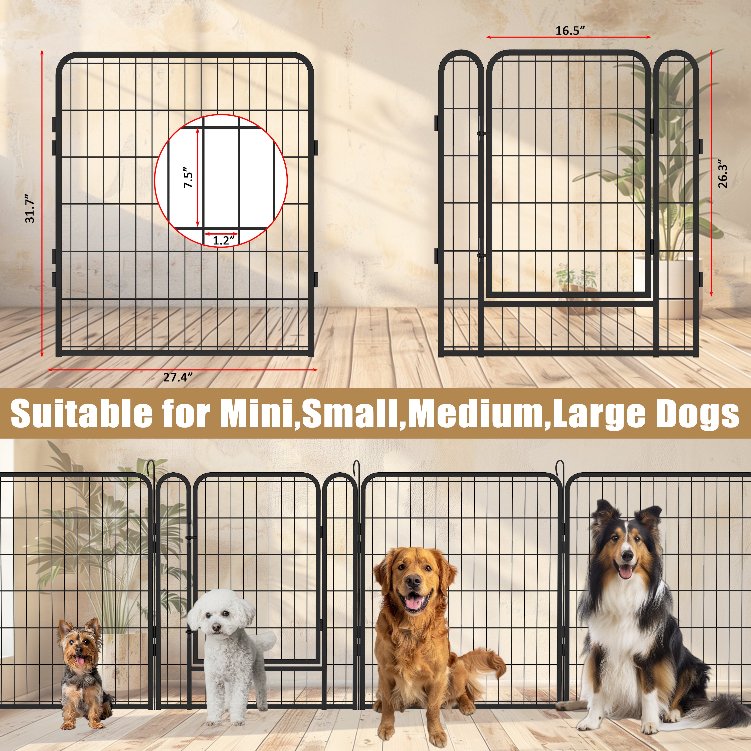 6-Panel Heavy-Duty Dog Playpen, 31.7" Tall Foldable Pet Fence with Door