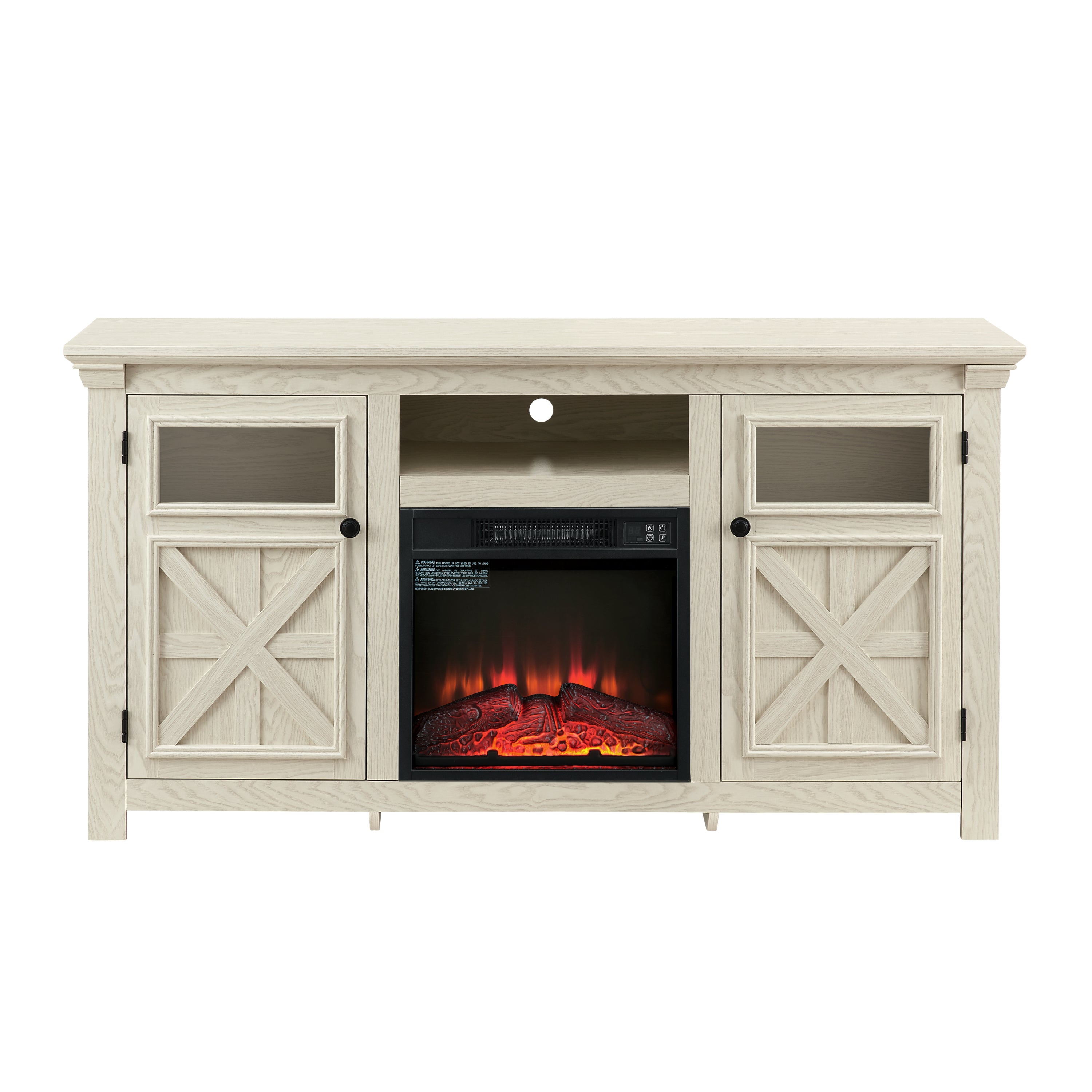 Farmhouse TV Stand with 2 Doors, Barn Design, Large Media Console with 18" Electric Fireplace Insert, WHITE