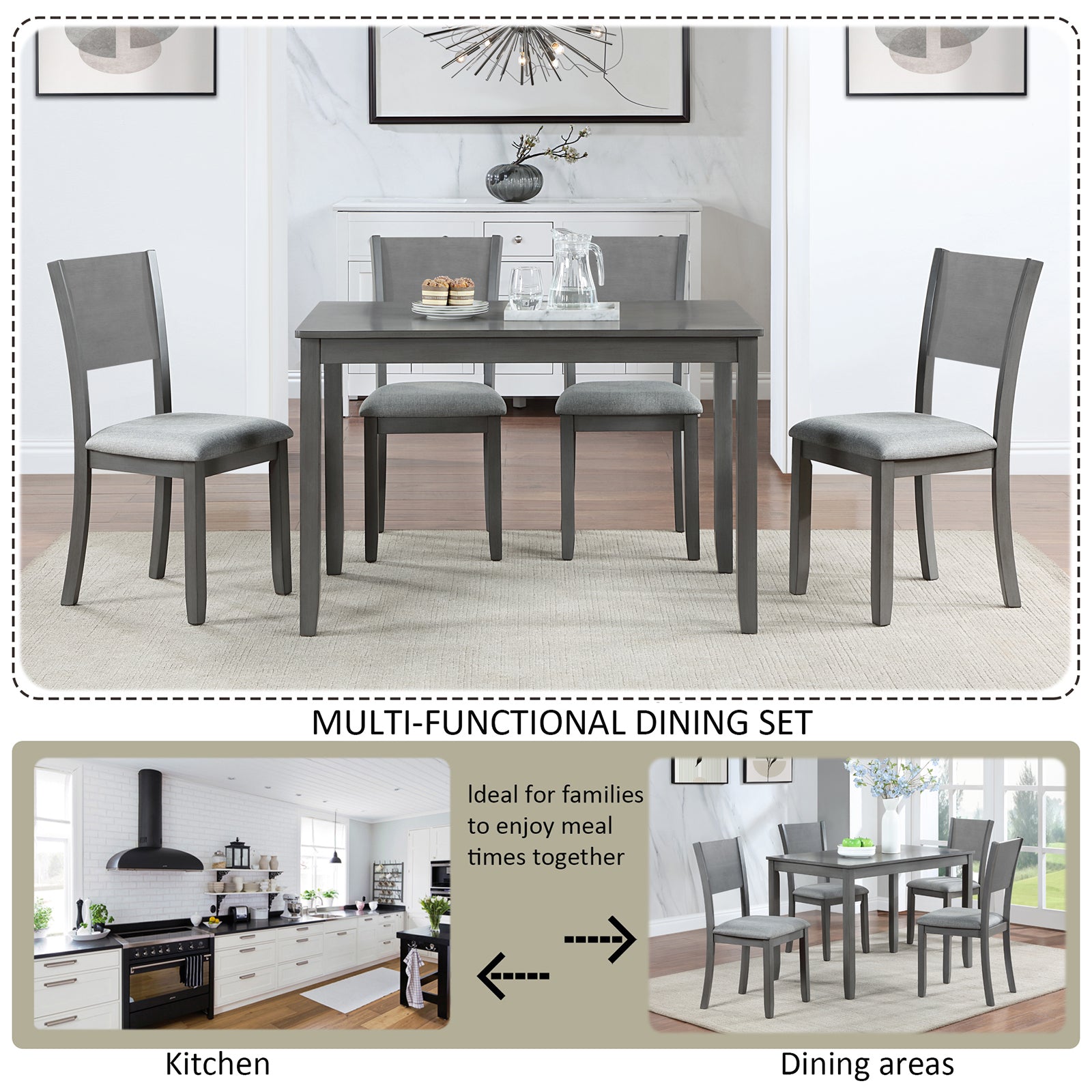 5 Piece Modern Dining Set, Rectangular Wooden Dining Table with 4 Upholstered Chairs for Kitchen, Dining Room, Gray