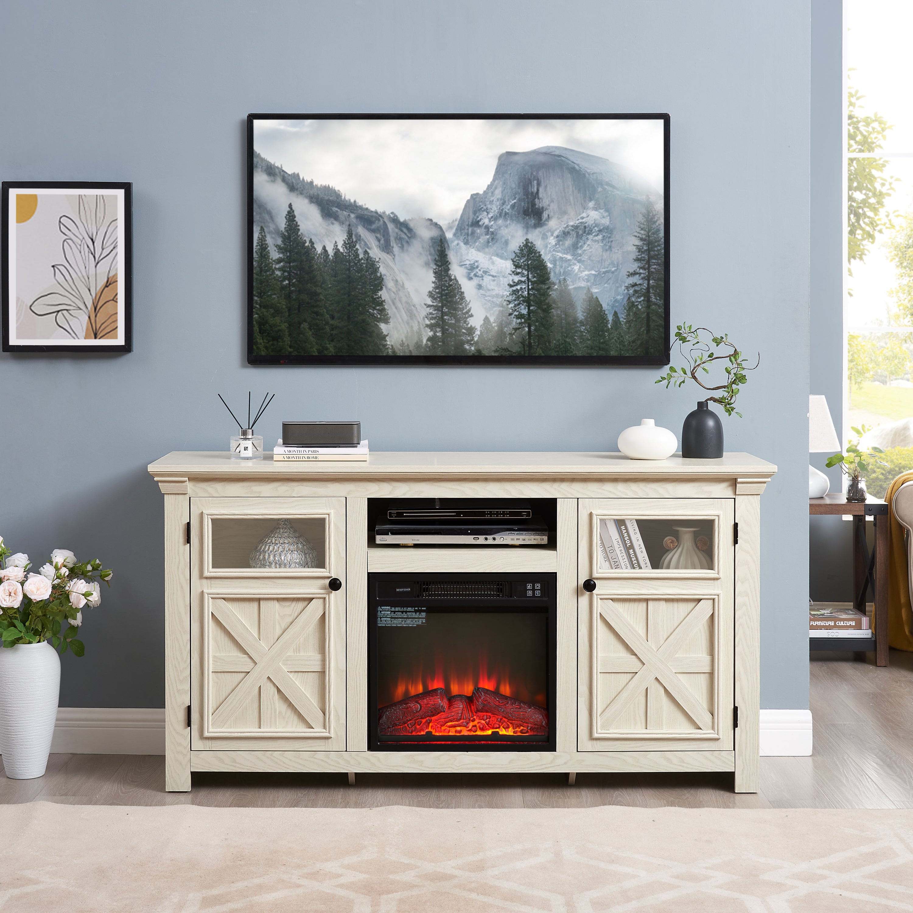 Farmhouse TV Stand with 2 Doors, Barn Design, Large Media Console with 18" Electric Fireplace Insert, WHITE