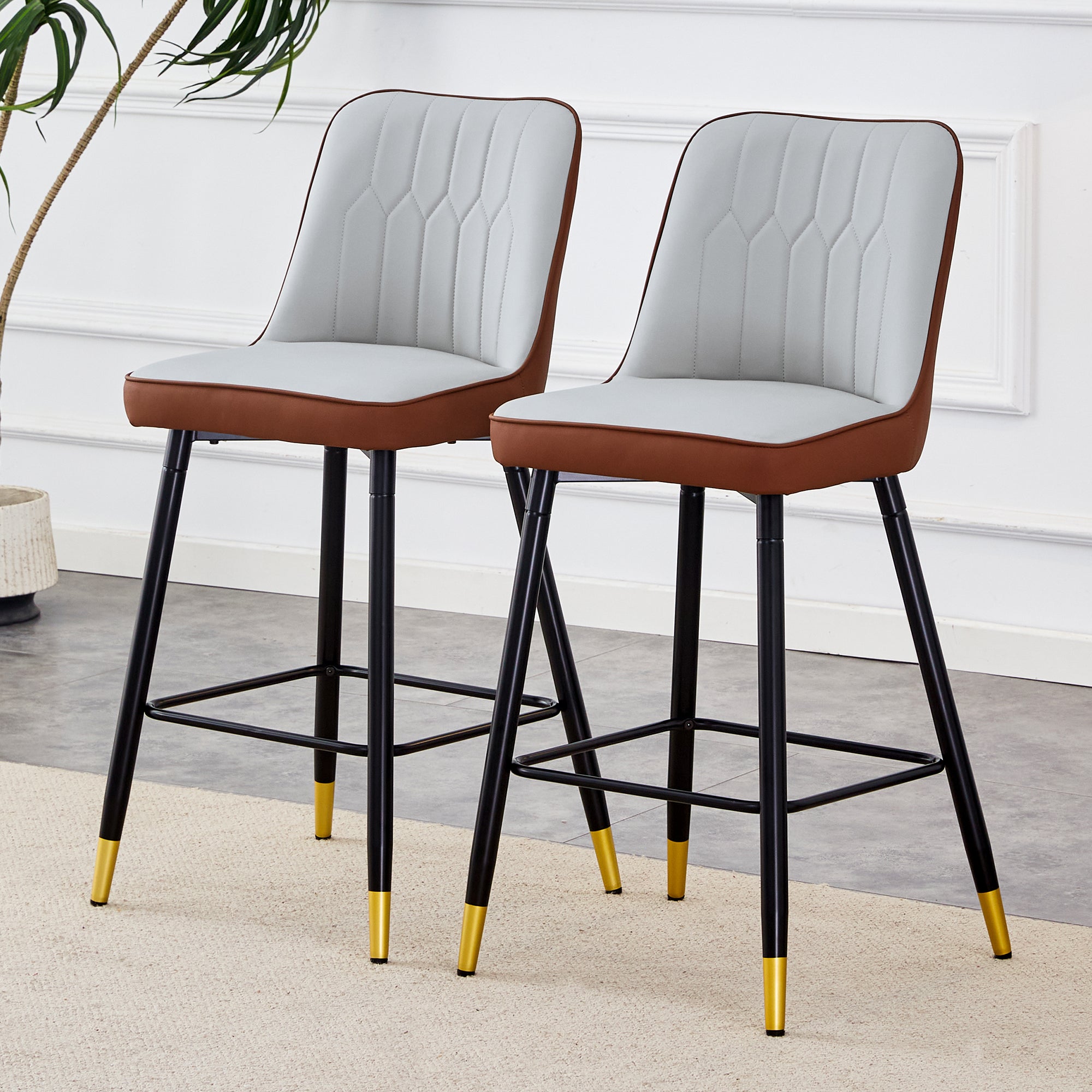 Modern Two-Tone PU Bar Stool Set of 2 - Brown and Light Gray Spliced Design with Gold Decorated Legs