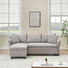 Modern 80" Gray Corduroy Sofa Bed With Two Small Pillows - 3-Seater Pull-Out Sofa With Storage