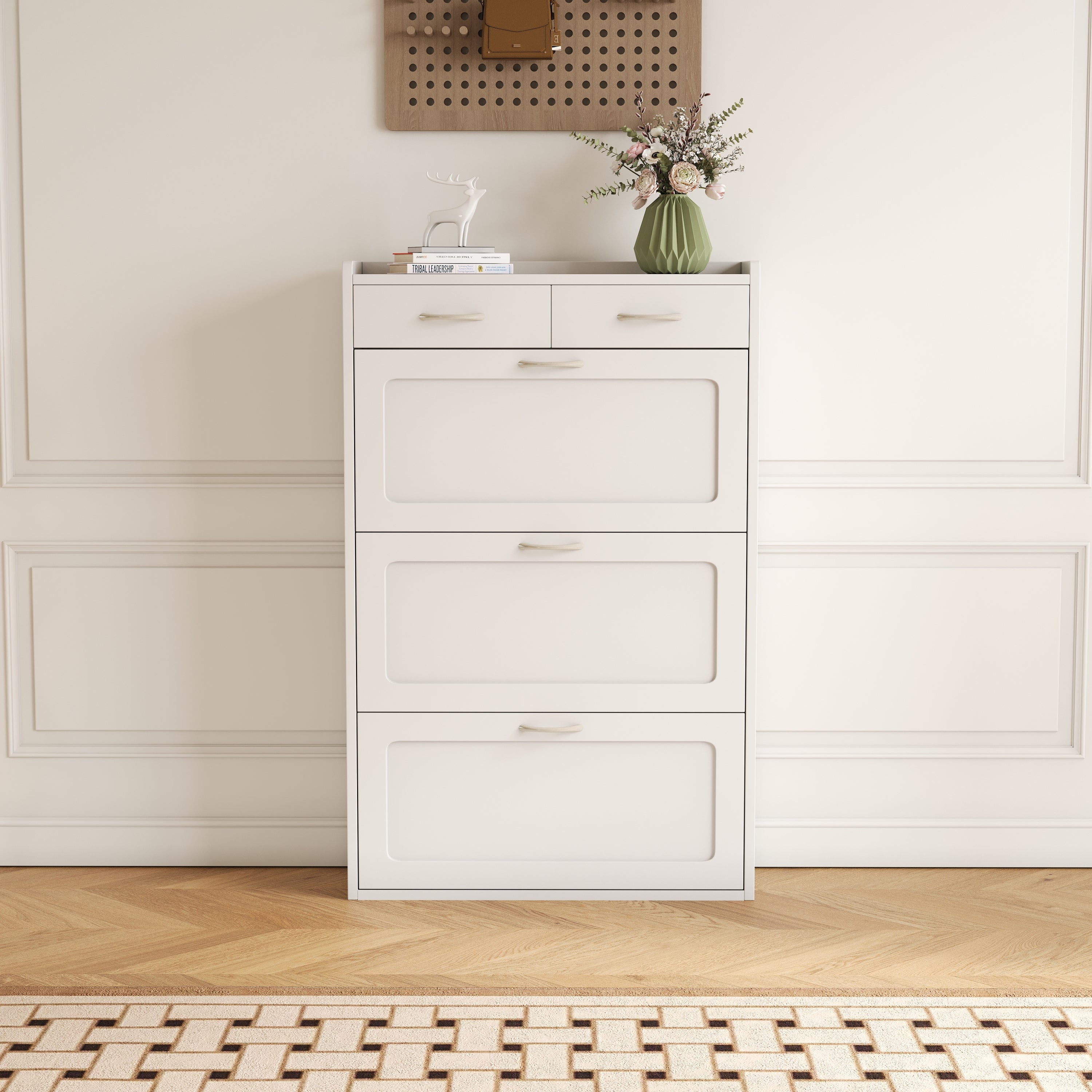 31.5" White Solid Wood Shoe Cabinet with Three Layers of Flip Bucket for Storage