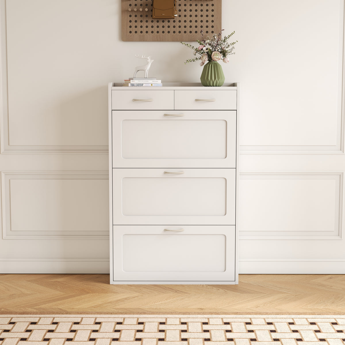 31.5" White Solid Wood Shoe Cabinet with Three Layers of Flip Bucket for Storage