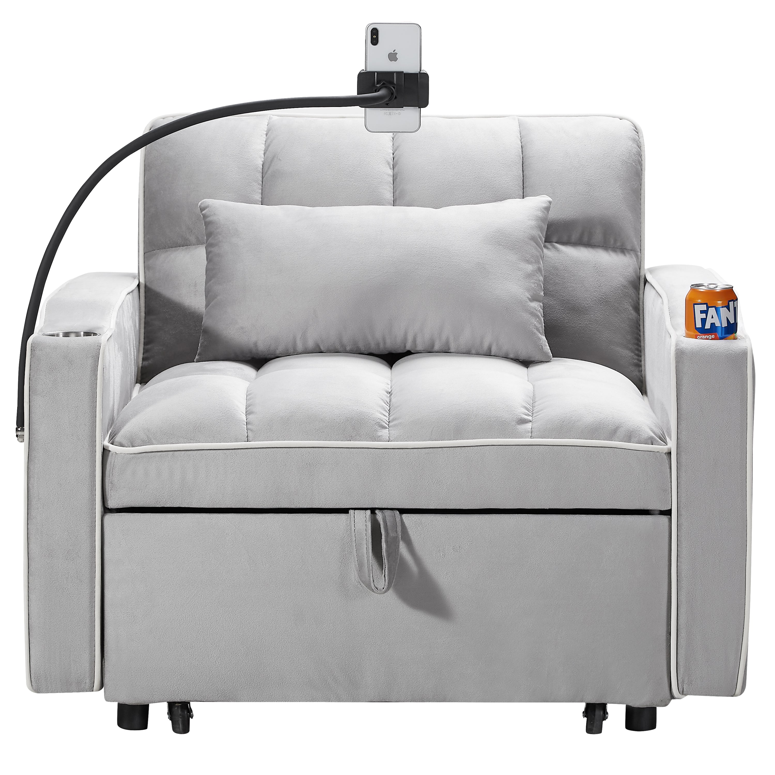 Convertible Chair Sofa Bed, Adjustable Pull-Out Design with Multi-Pockets for Living Room and Small Spaces, Gray