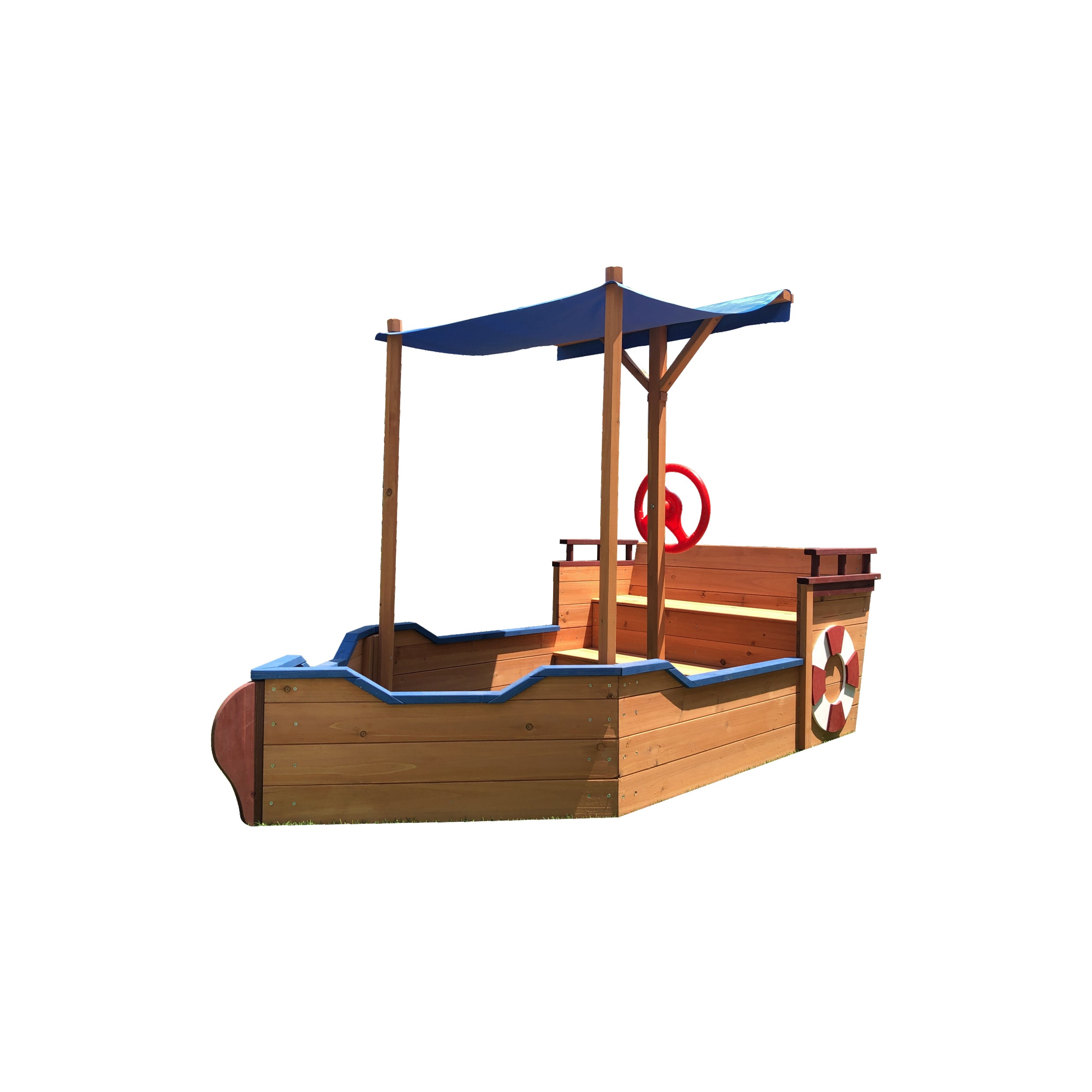 Wooden Pirate Ship Sandbox with Cover & Storage Bench for Kids