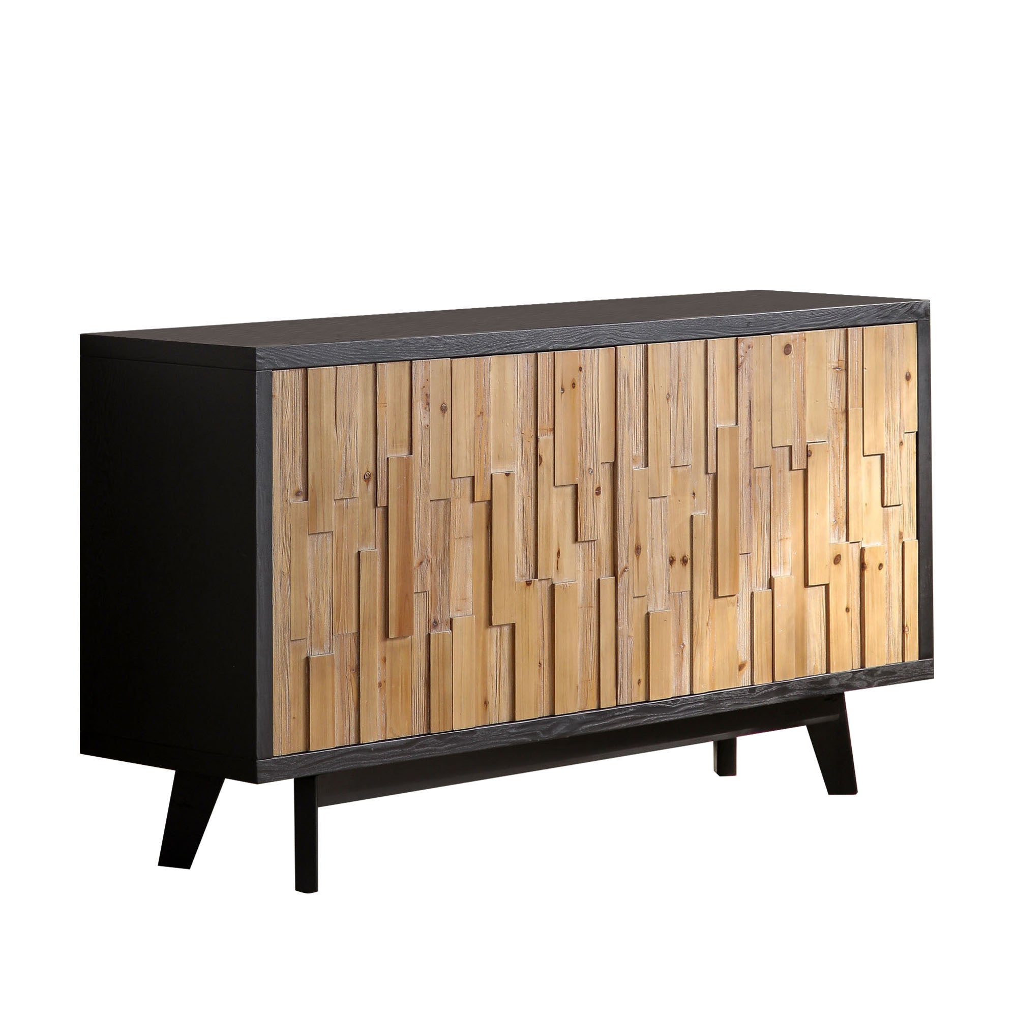 Modern Wooden 4-Door Storage Cabinet with Textured Geometric Design - Natural Wood Door