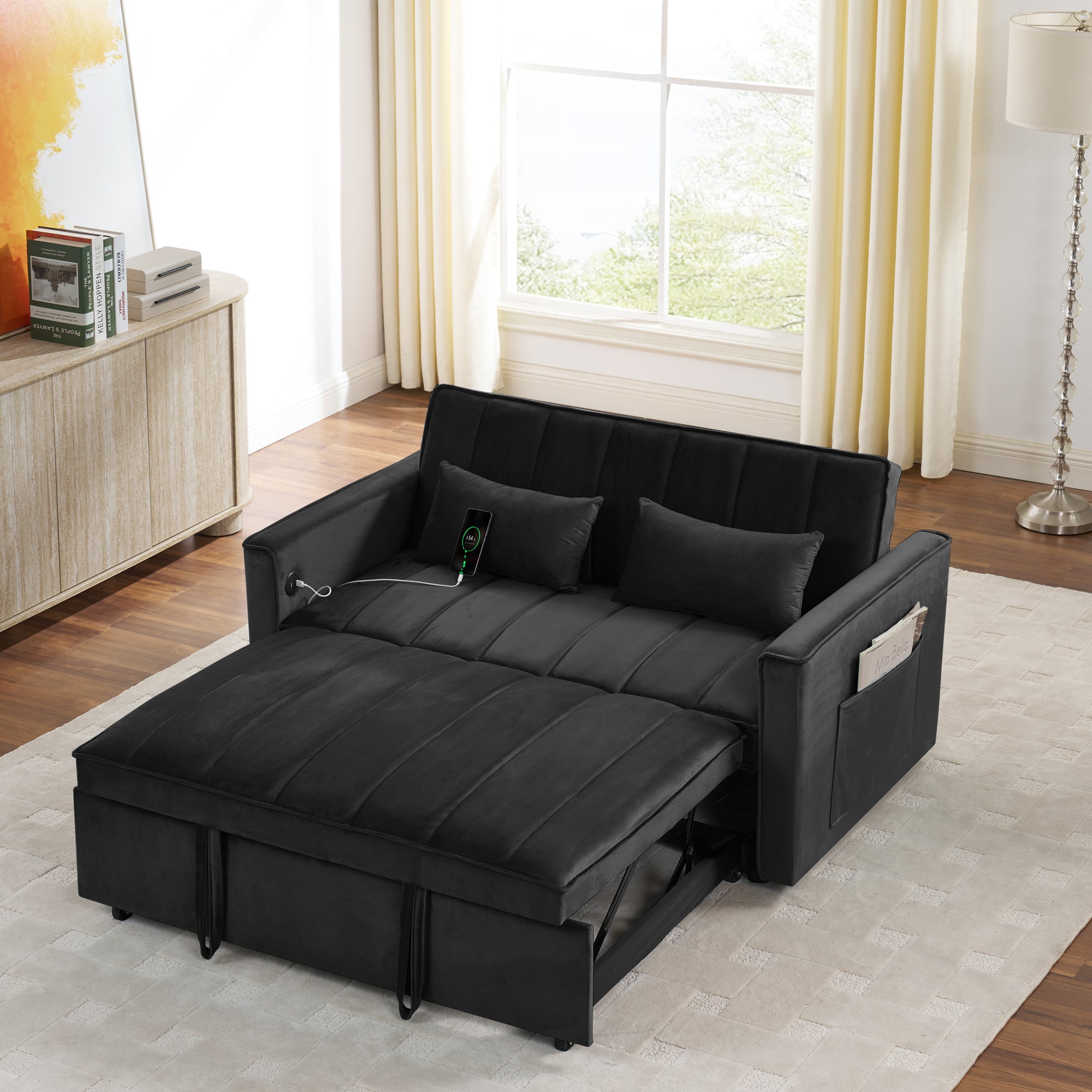 54.33" Modern Foldable Velvet Sofa Bed, Adjustable Back, Pull-Out Design, 3 Length Options, Black