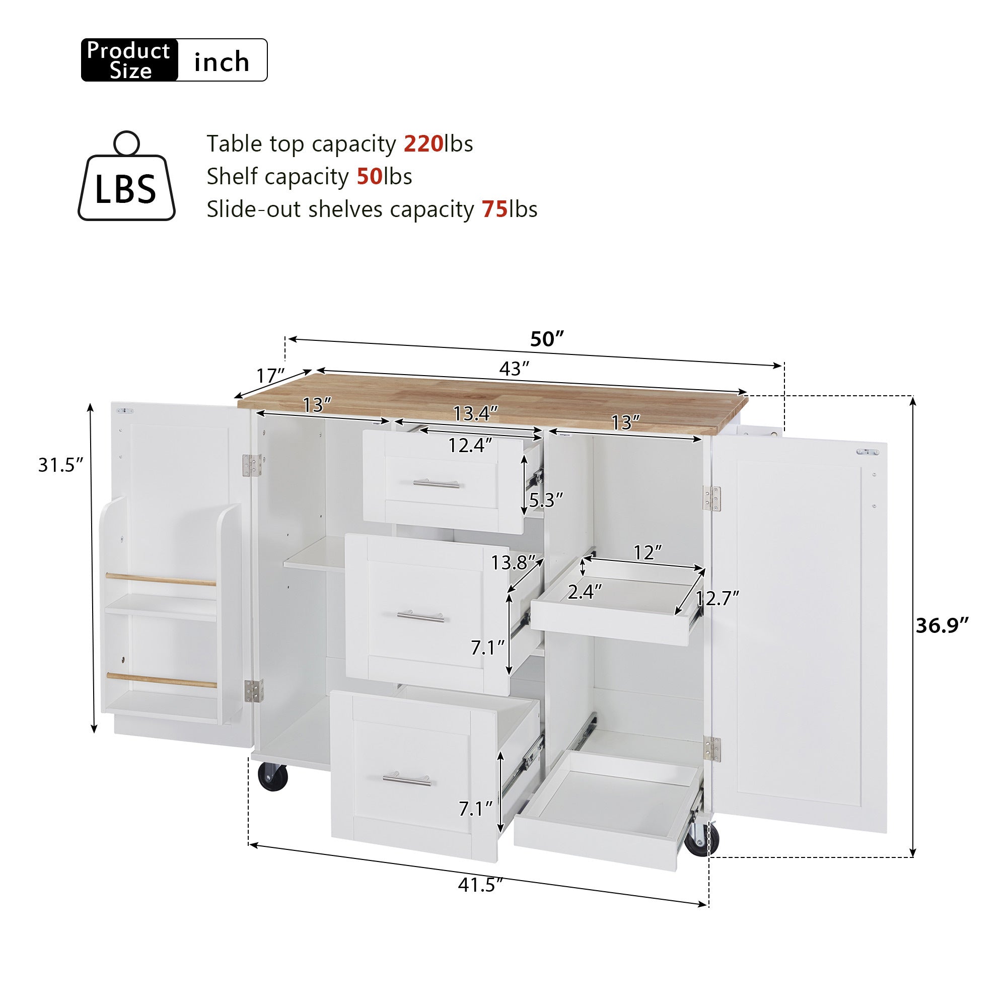 K&K Rolling Kitchen Island with Storage, 3 Drawer, 2 Slide-Out Shelf and Internal Storage Rack, White