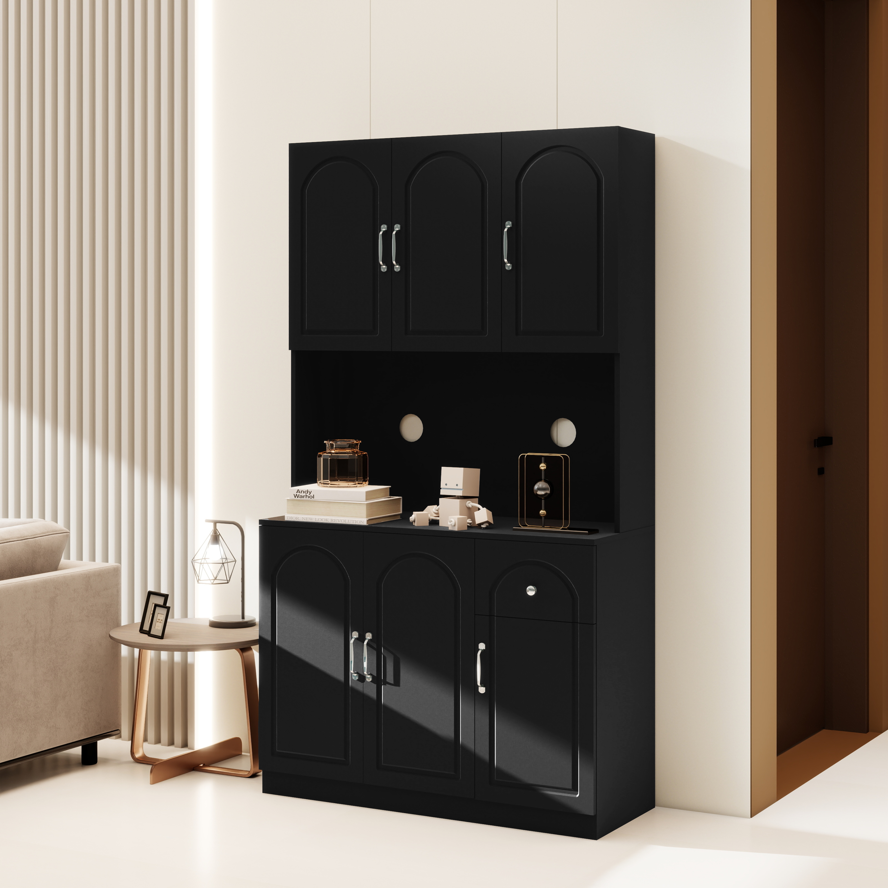 71" Kitchen Pantry Storage Cabinet with Microwave Oven Countertop, Freestanding Hutch Cabinet with Adjustable Shelves, 6 Doors and 1 Drawer-Black