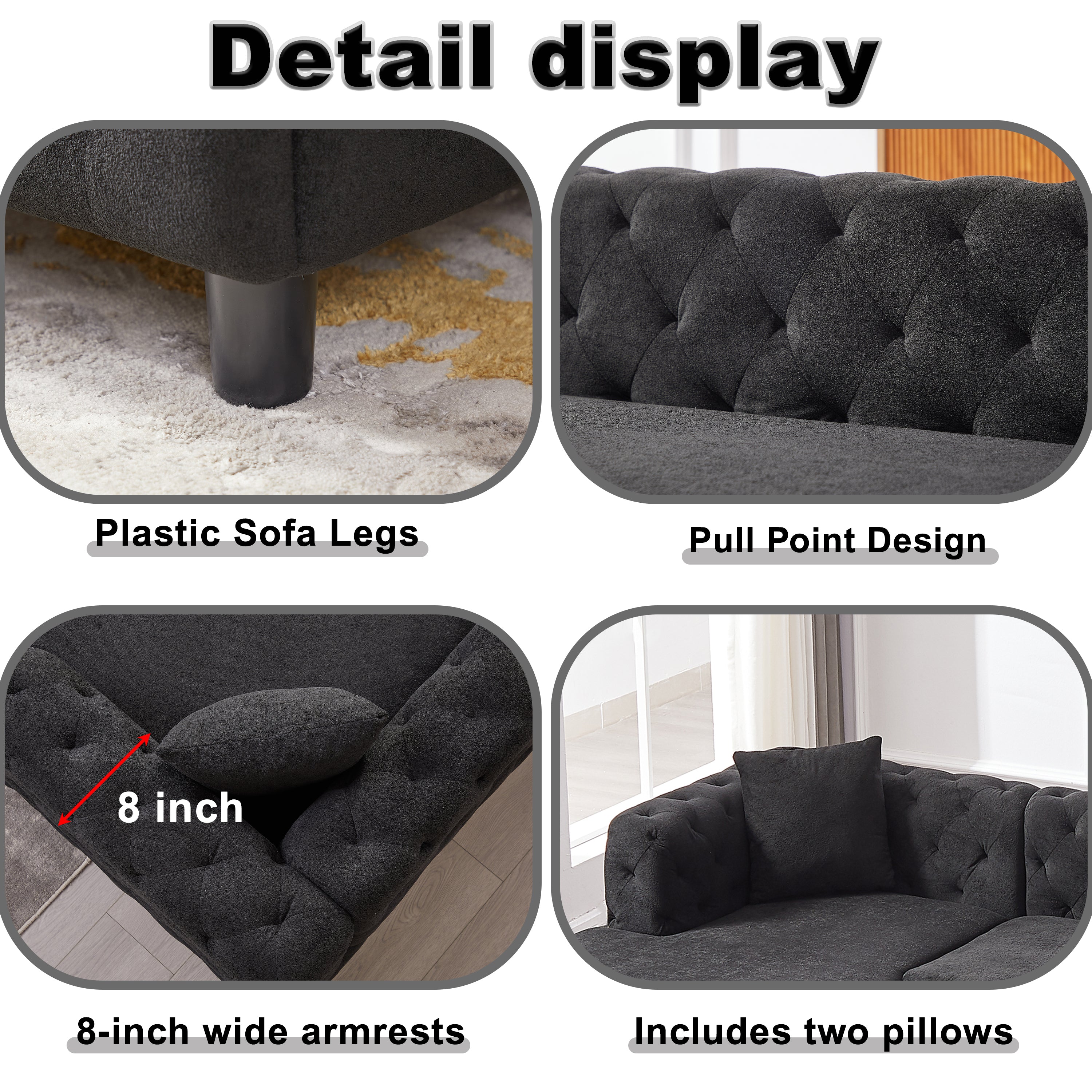 126-inch Modern Style Chenille Three Piece Sofa, Pull Point Design U-shaped Sofa two Chaise Longue Seats, two Pillows and Plastic Feet, Suitable for Living room, Bedroom, Lounge and Projection Room