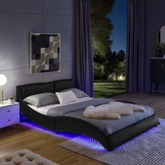 Queen Led Bed Frame Modern Faux Leather Upholstered Platform Bed Frame with RGB LED Lights and Headboard Wave Like Curve Low Profile Bed Frame,Wood Slats Support,Easy Assembly, Black