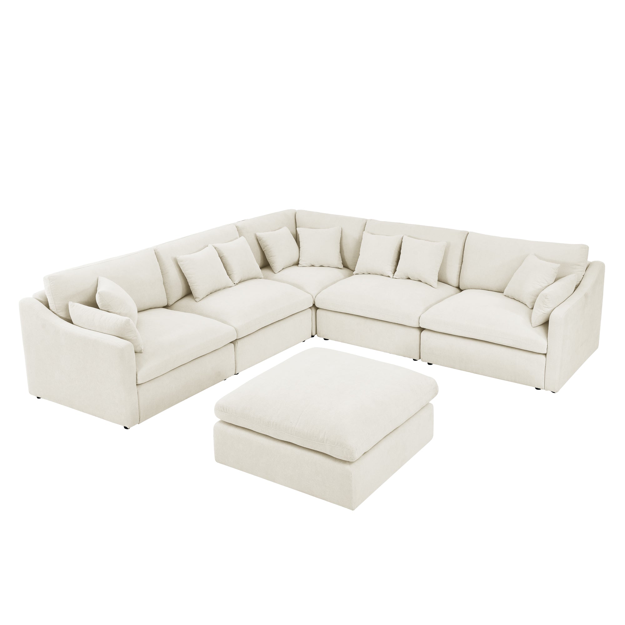 6-Seats Modular L-Shaped Sectional Sofa with Ottoman,10 Pillows, Oversized Upholstered Couch w/Removabled Down-Filled Seat Cushion  for Living Room, Chenille Beige