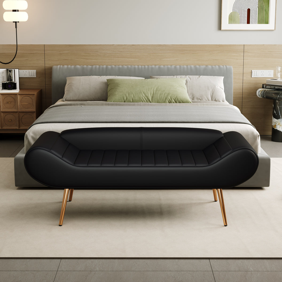 57" Black Velvet Bed Bench  for Bedside or Porch Addition - Elegant Sofa Bench for Your Home