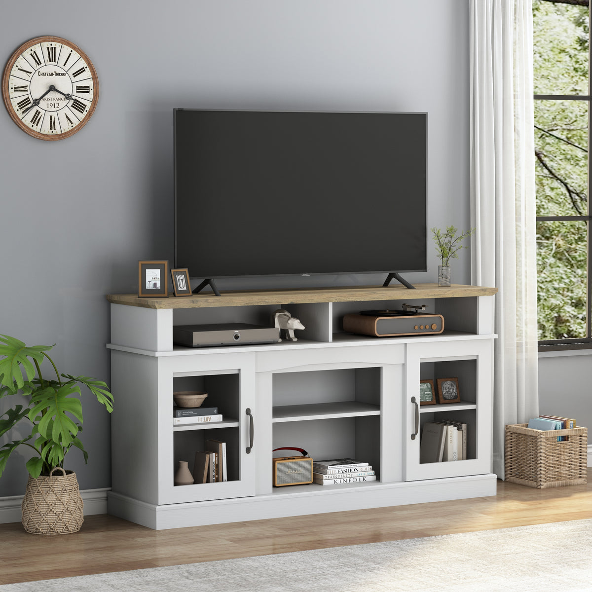 58 Inch TV Stand with Storage Cabinet and Shelves, TV Console Table Entertainment Center for Living Room,Bedroom