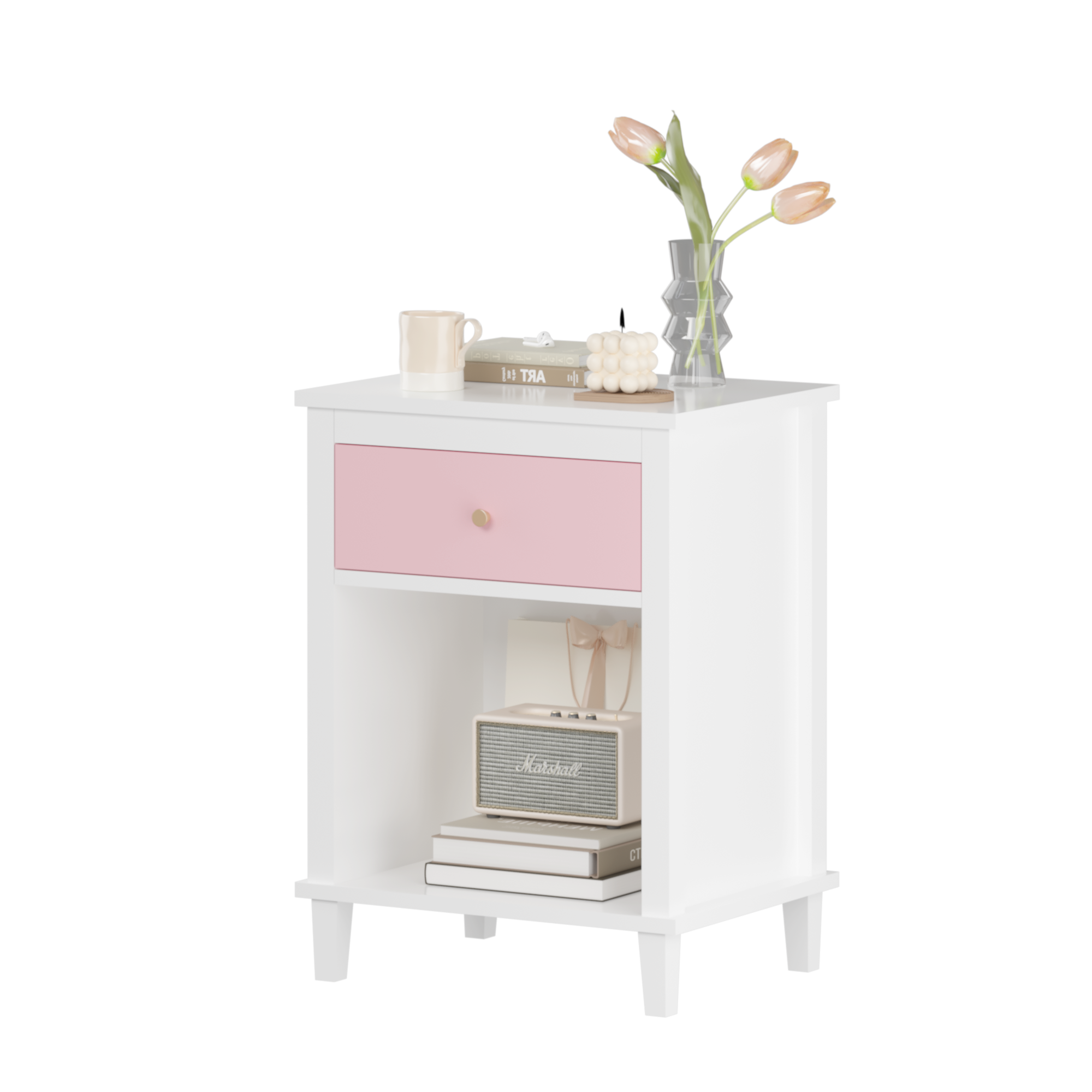 26.77''H Wooden Nightstand with One Drawer One Shelf for Kids, Adults, Pink