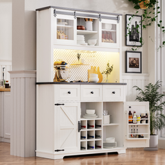 K&K 71" Kitchen Island with Hutch, Sliding Door, Pegboard, Wine & Glasses Rack, Rustic Coffee Bar Storage Cabinet, White