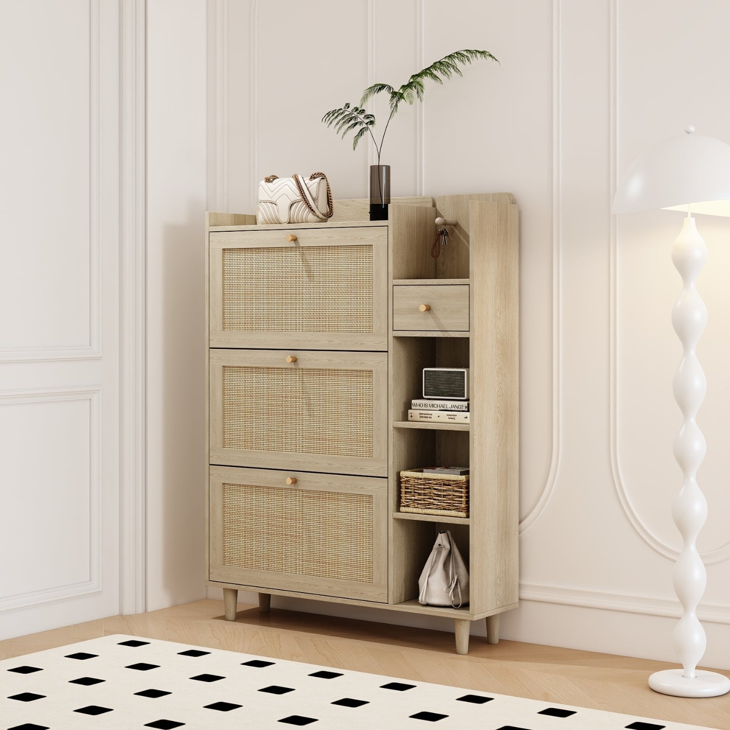 Boho Shoe Cabinet with 3 Rattan Flip Drawers & Storage, Natural