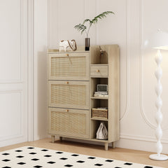 Boho Shoe Cabinet with 3 Rattan Flip Drawers & Storage, Natural
