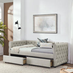 Upholstered Twin Size Daybed with Two Drawers, with Button and Copper Nail on Square Arms, Beige (82.75''x43''x30.75'')