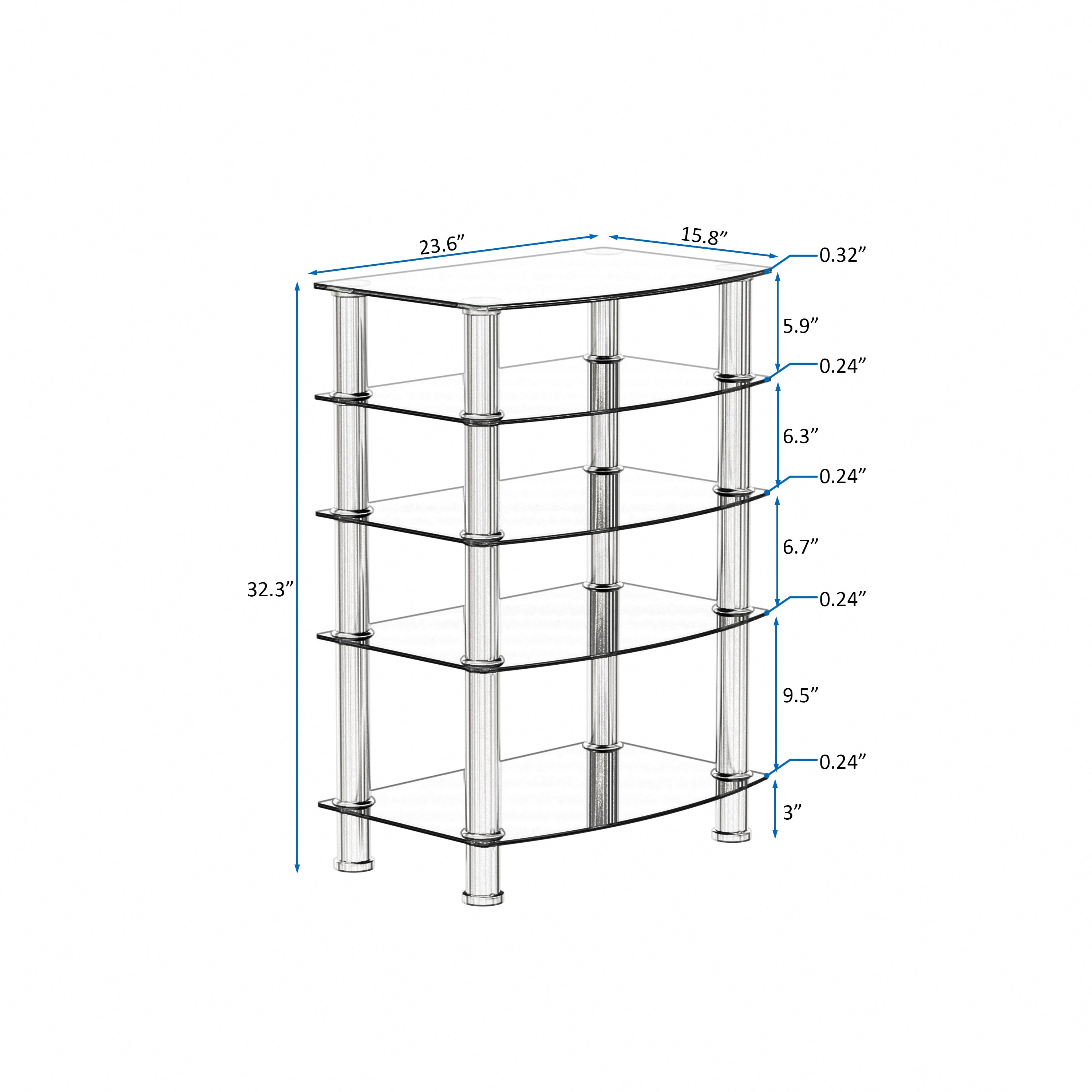 5-Tier  Tempered Glass Side Table Stainless Steel Frame  End Table for Living Room, Bedroom, Black