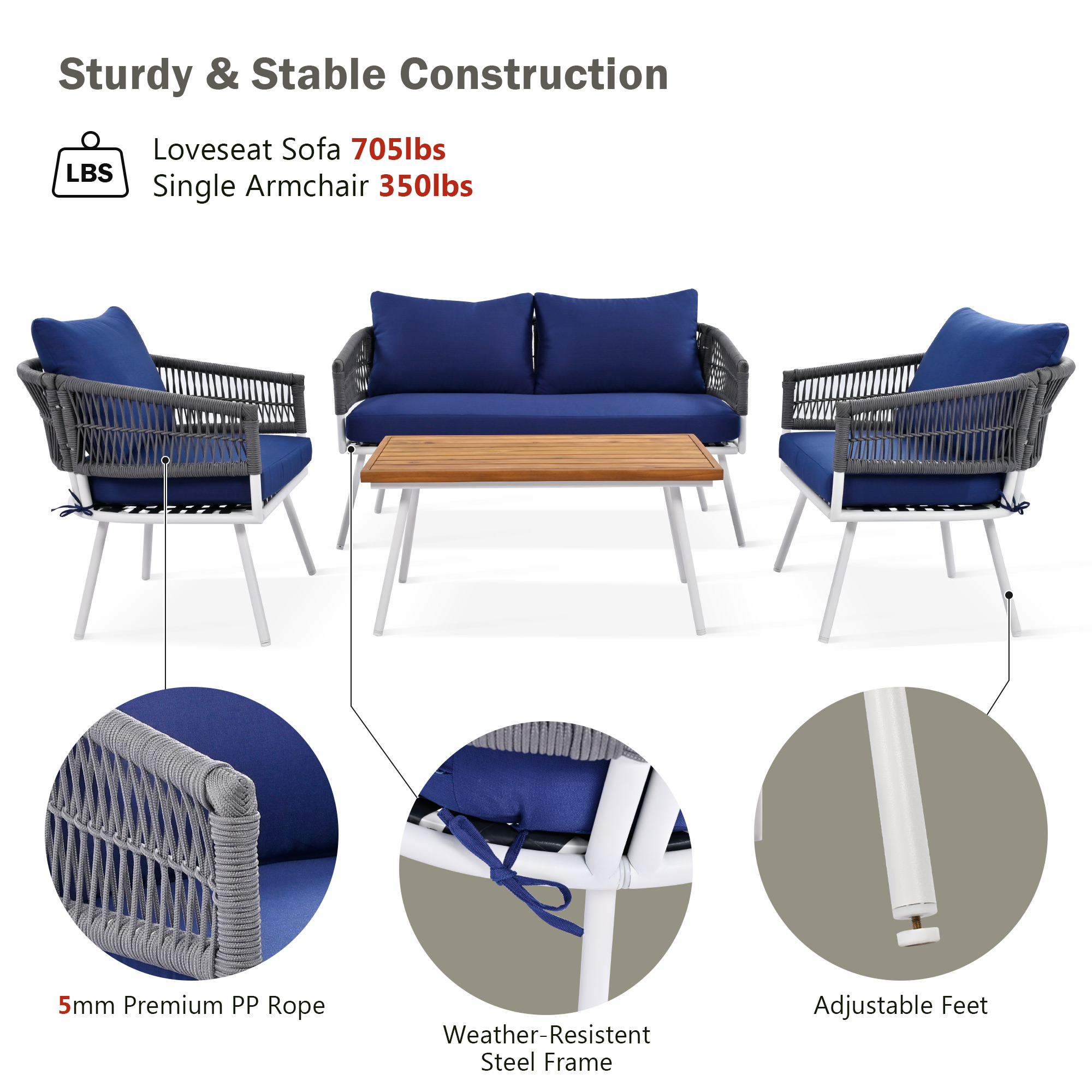 K&K 4-Piece Boho Rope Patio Furniture Set, Outdoor Furniture with Acacia Wood Table, Patio Conversation Set with Deep Seating & Thick Cushion for Backyard Porch Balcony, Navy Blue