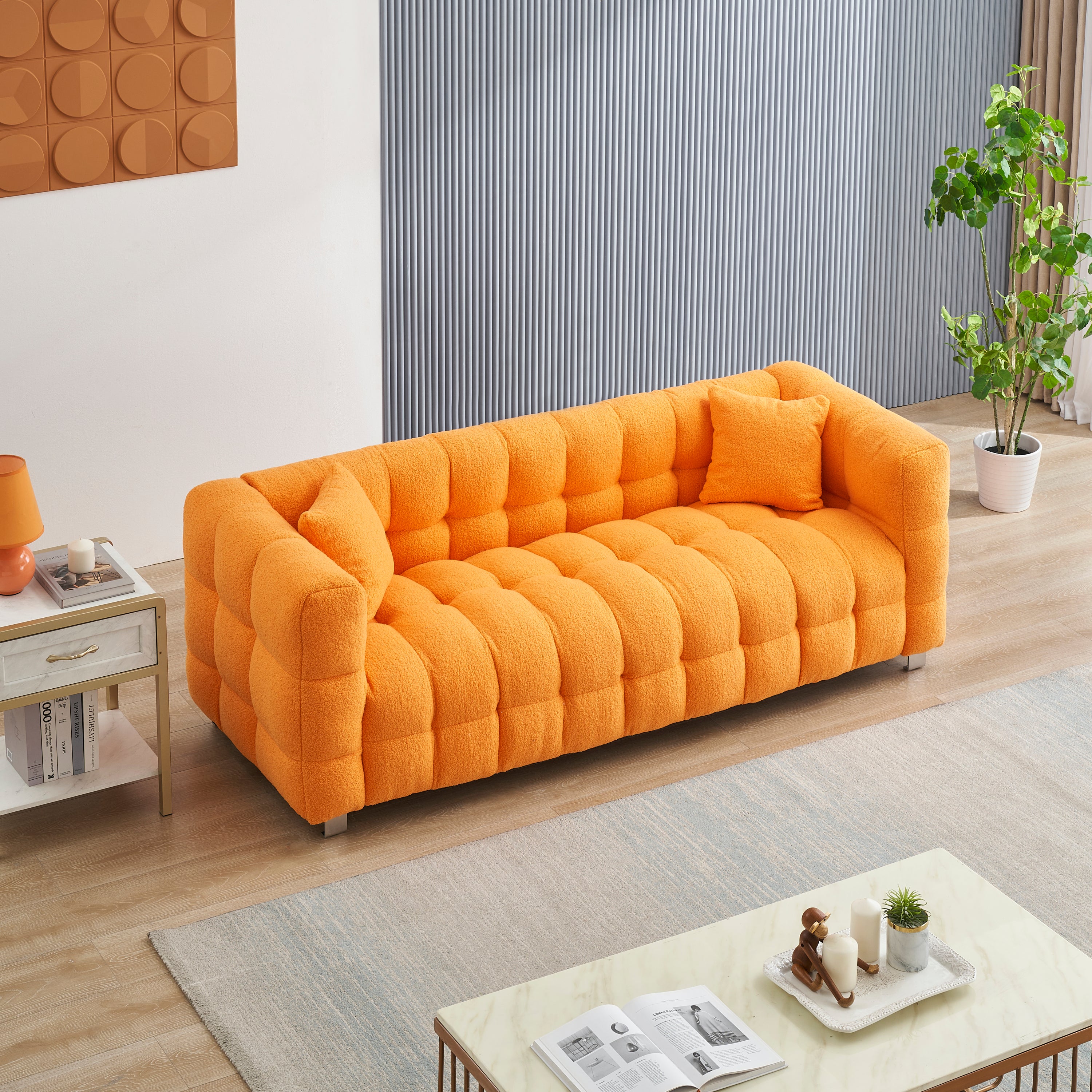 80" Orange Teddy Fleece Modular Pit Sofa with 2 Pillows for Living Room Luxurious 3-Seater Design