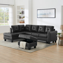 Sectional 3-Seaters Sofa , reversible recliner, Storage pad and wood grain cup holder, Non-slip leg, pu, black