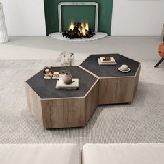 Hexagonal Rural Style Garden Retro Living Room Coffee Table with 2 drawers, Textured Black + Warm Oak