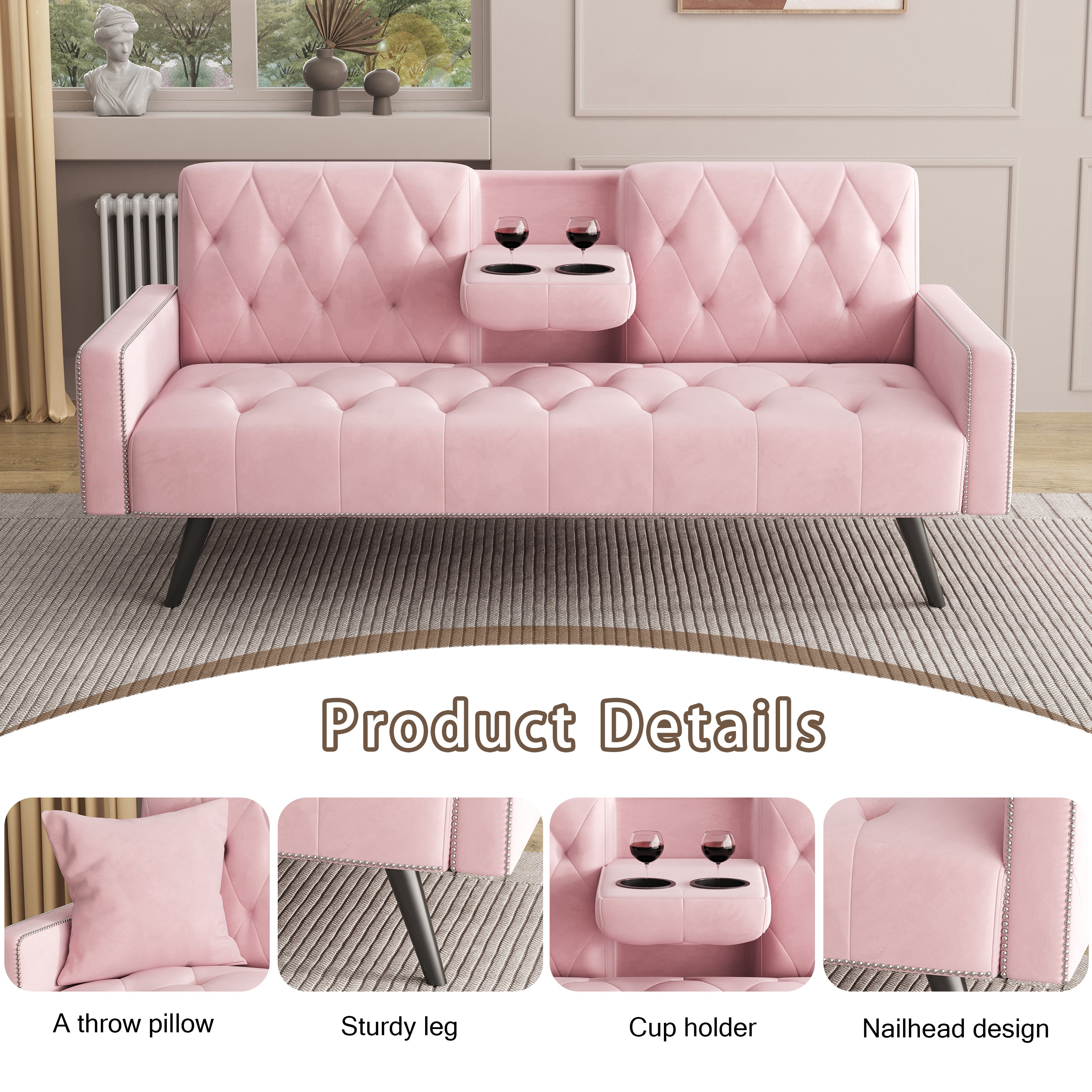 72" Pink Velvet Sofa Bed with Nail Head Trim & Two Cup Holders Sleeper Sofa for Small Living Room