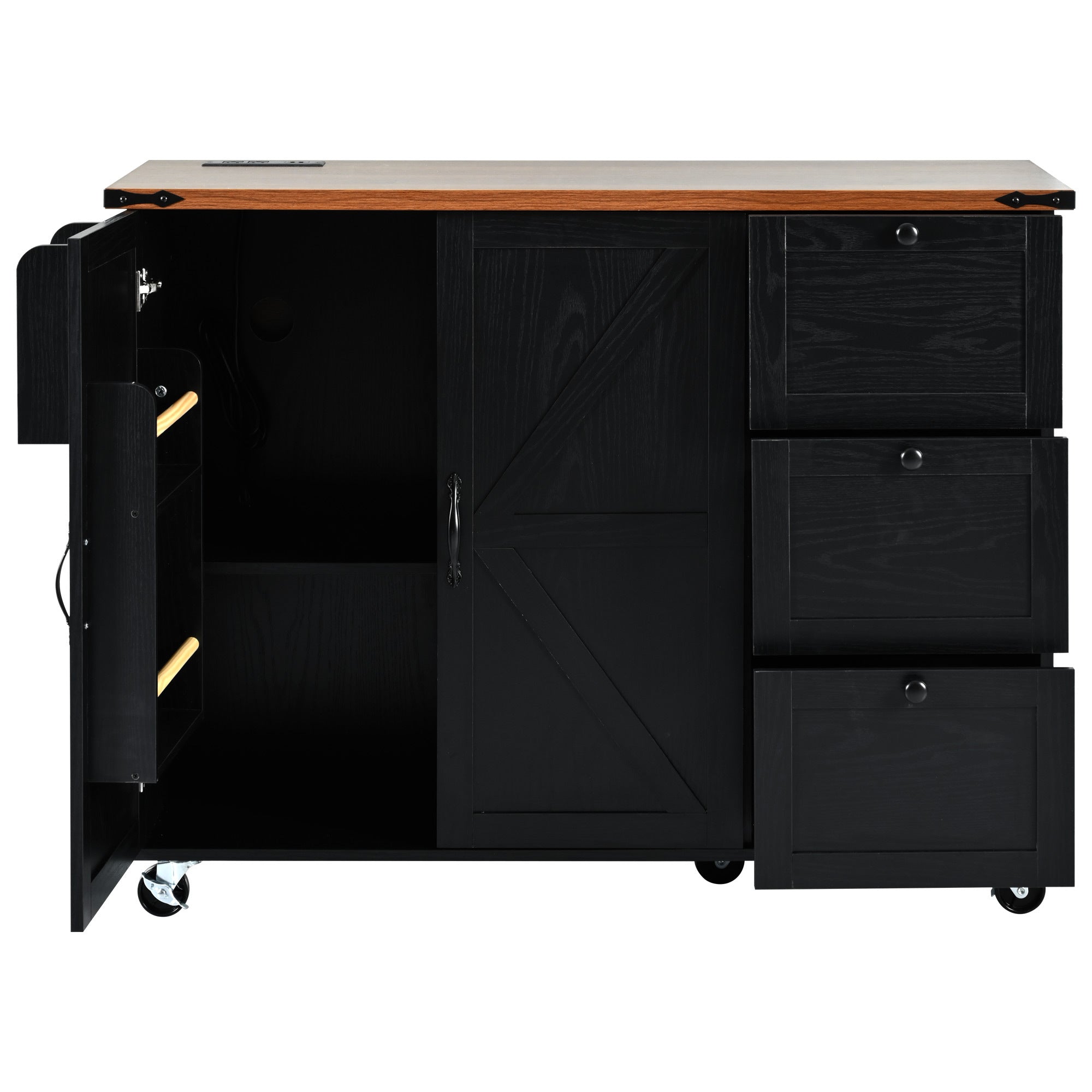 K&K 54.5" Kitchen Storage Island  with Internal Storage Rack, Drop Leaf, Spice Rack, Rolling Kitchen Cart on Wheels, Black