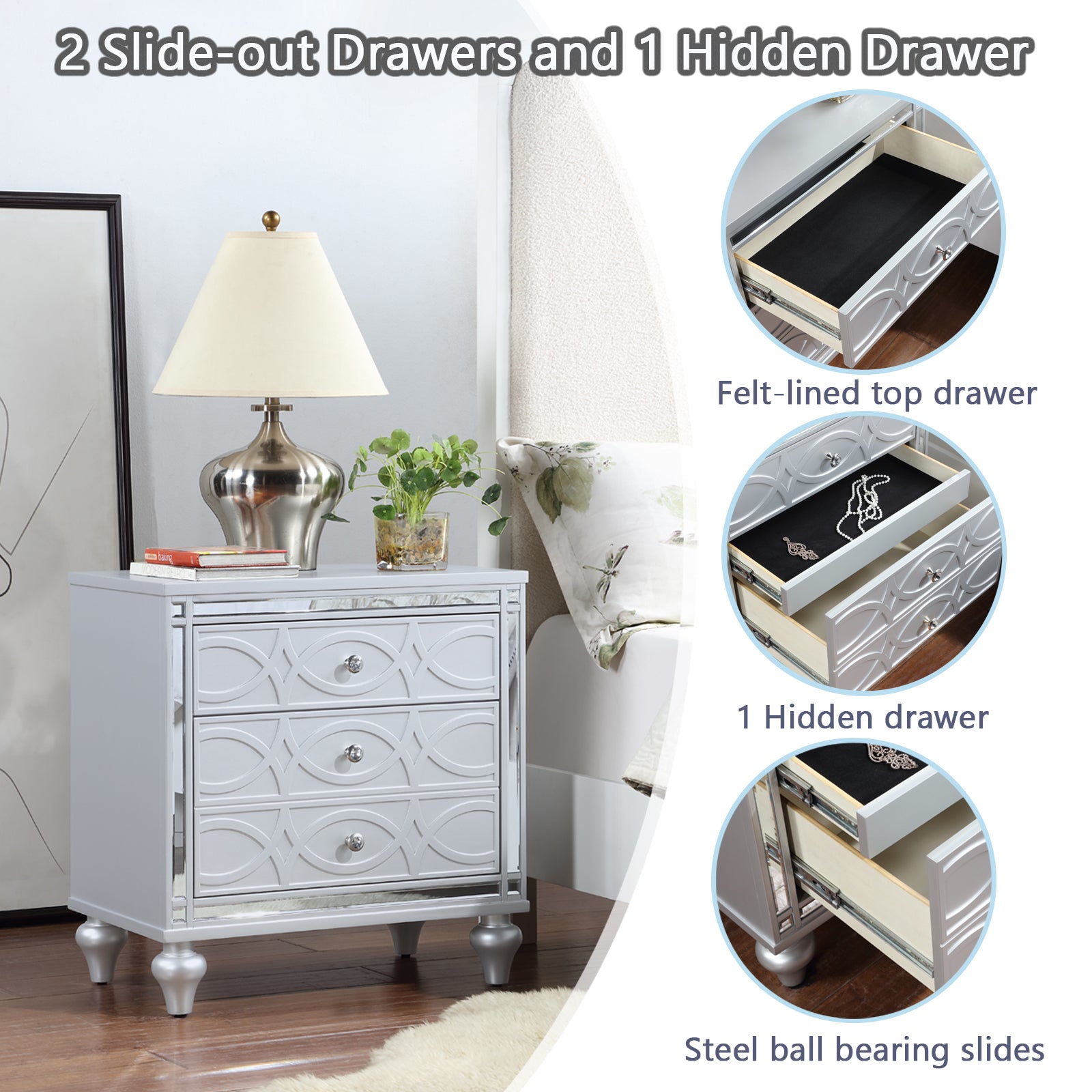 Contemporary Nightstands with mirror frame accents, Bedside Table with two drawers and one hidden drawer, End Table with Crystal Pull for Living Room,Bedroom, Silver