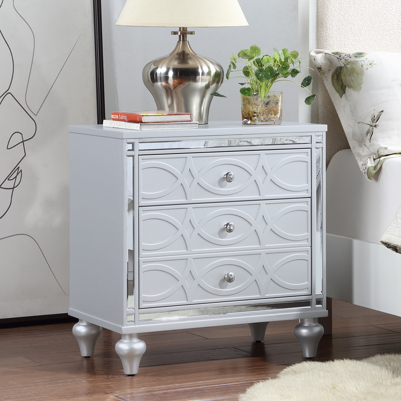 Contemporary Nightstands with mirror frame accents, Bedside Table with two drawers and one hidden drawer, End Table with Crystal Pull for Living Room,Bedroom, Silver