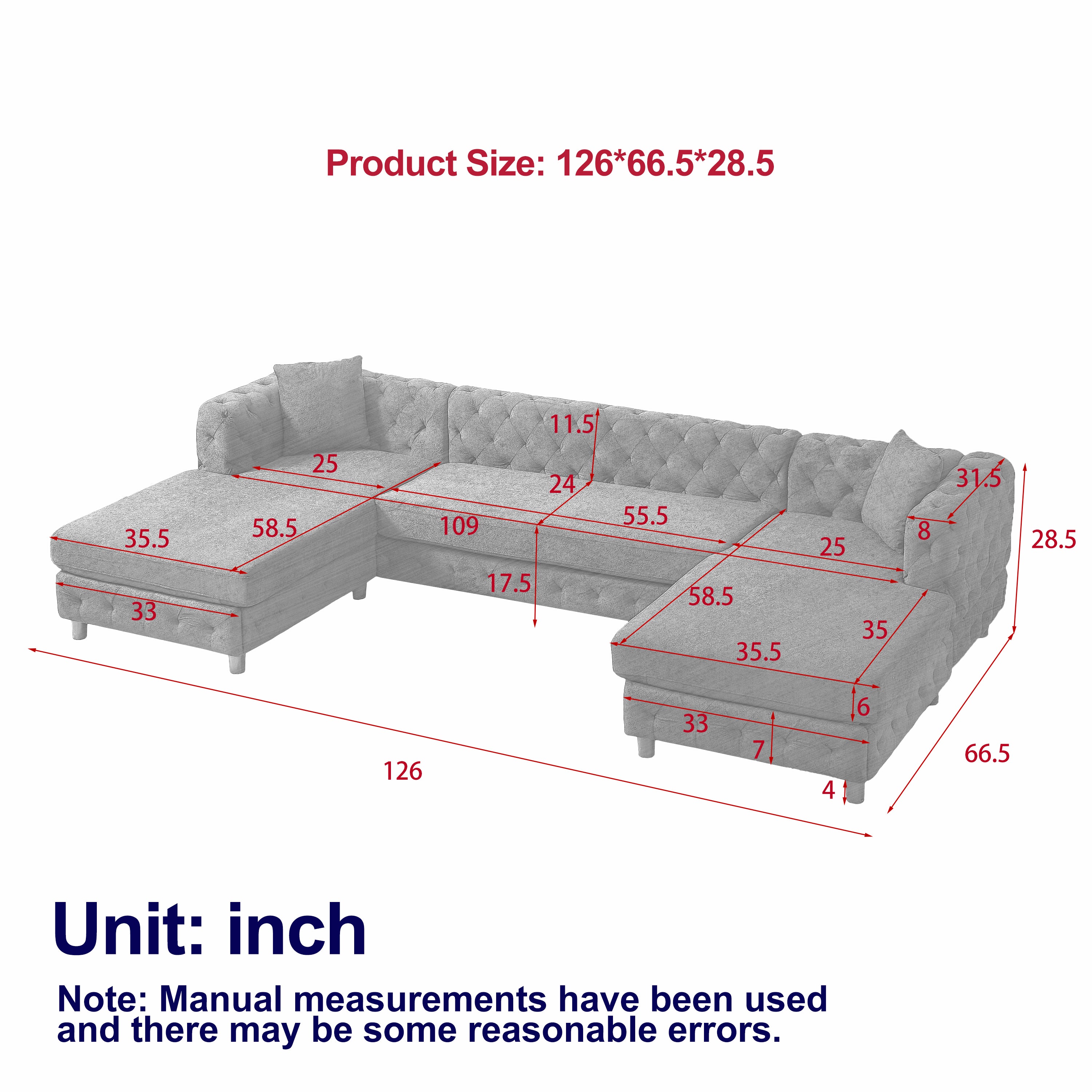 126-inch Modern Style Chenille Three Piece Sofa, Pull Point Design U-shaped Sofa two Chaise Longue Seats, two Pillows and Plastic Feet, Suitable for Living room, Bedroom, Lounge and Projection Room