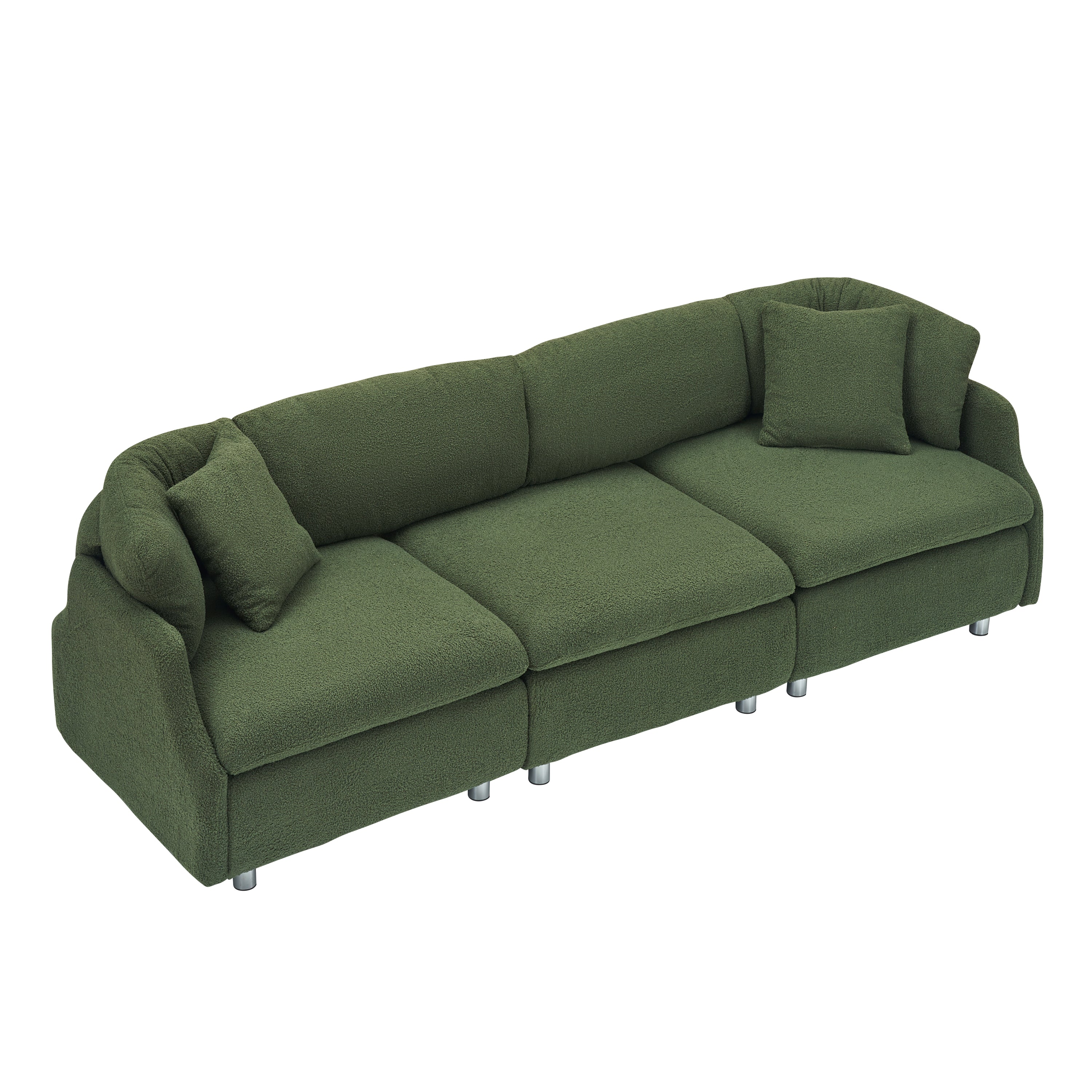 3-Seater Green Teddy Fleece Sofa With Two Throw Pillows - Spacious Design for Living Room