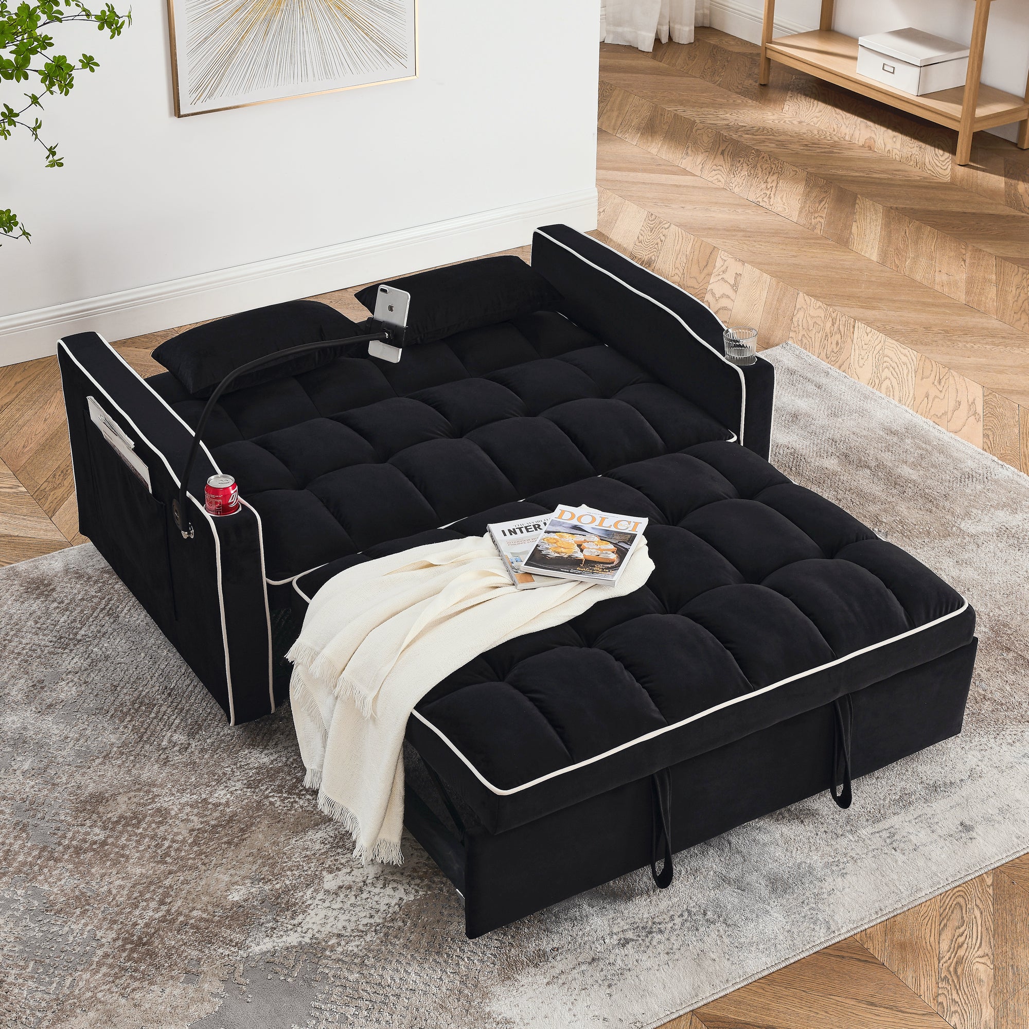 55.51" Foldable Velvet Sofa Bed with Adjustable Back, Pull-Out Design with USB Port, Ashtray, and Swivel Phone Stand, Black