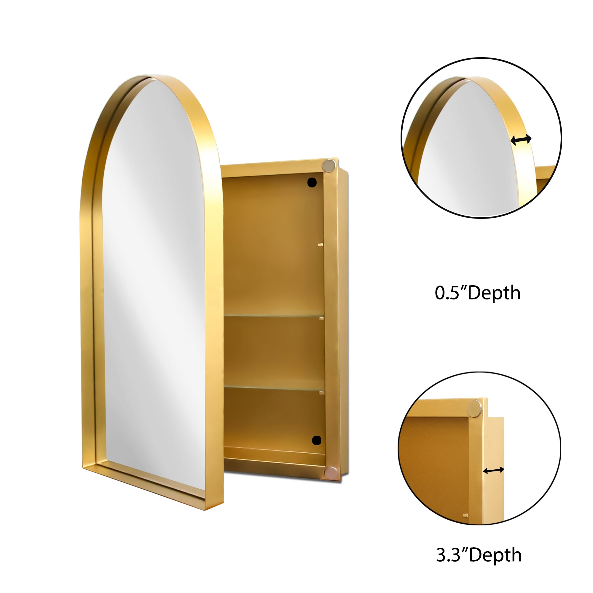 24x36 Inch Arched Recessed Medicine Cabinet, Metal Framed Bathroom Wall Cabinet with Mirror and Adjustable Shelves, Wall Mirror with Storage for Bathroom, Matte Gold