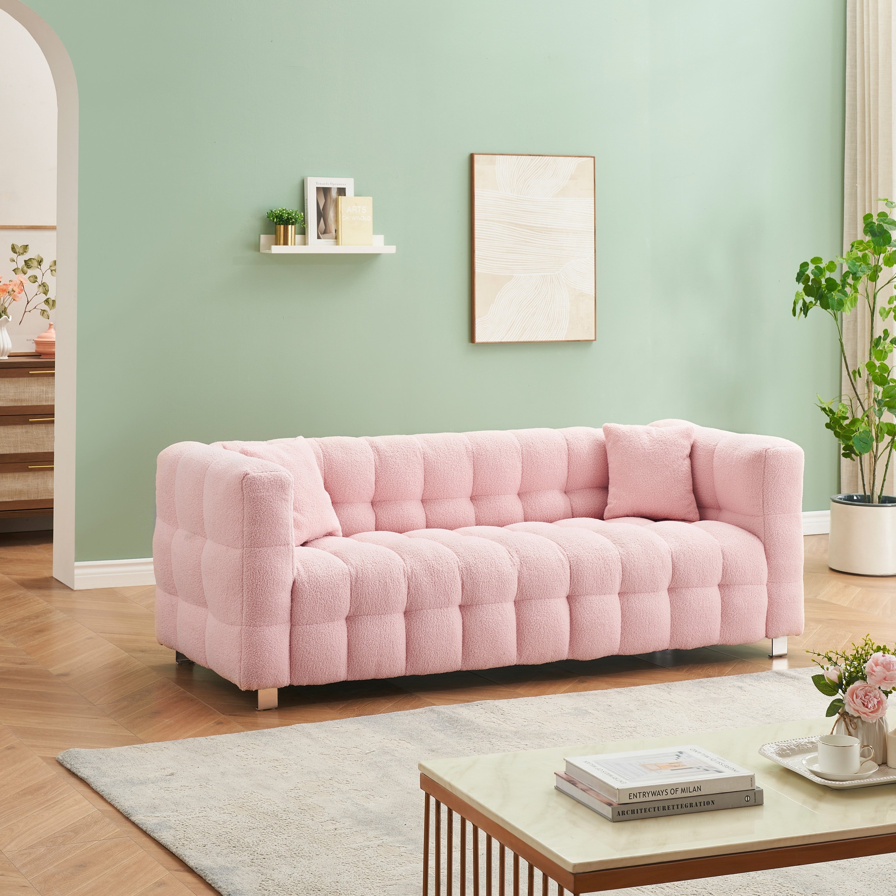 3-Seater Pink Modular Pit Sofa in Teddy Fleece with 2 Pillows for Living Room