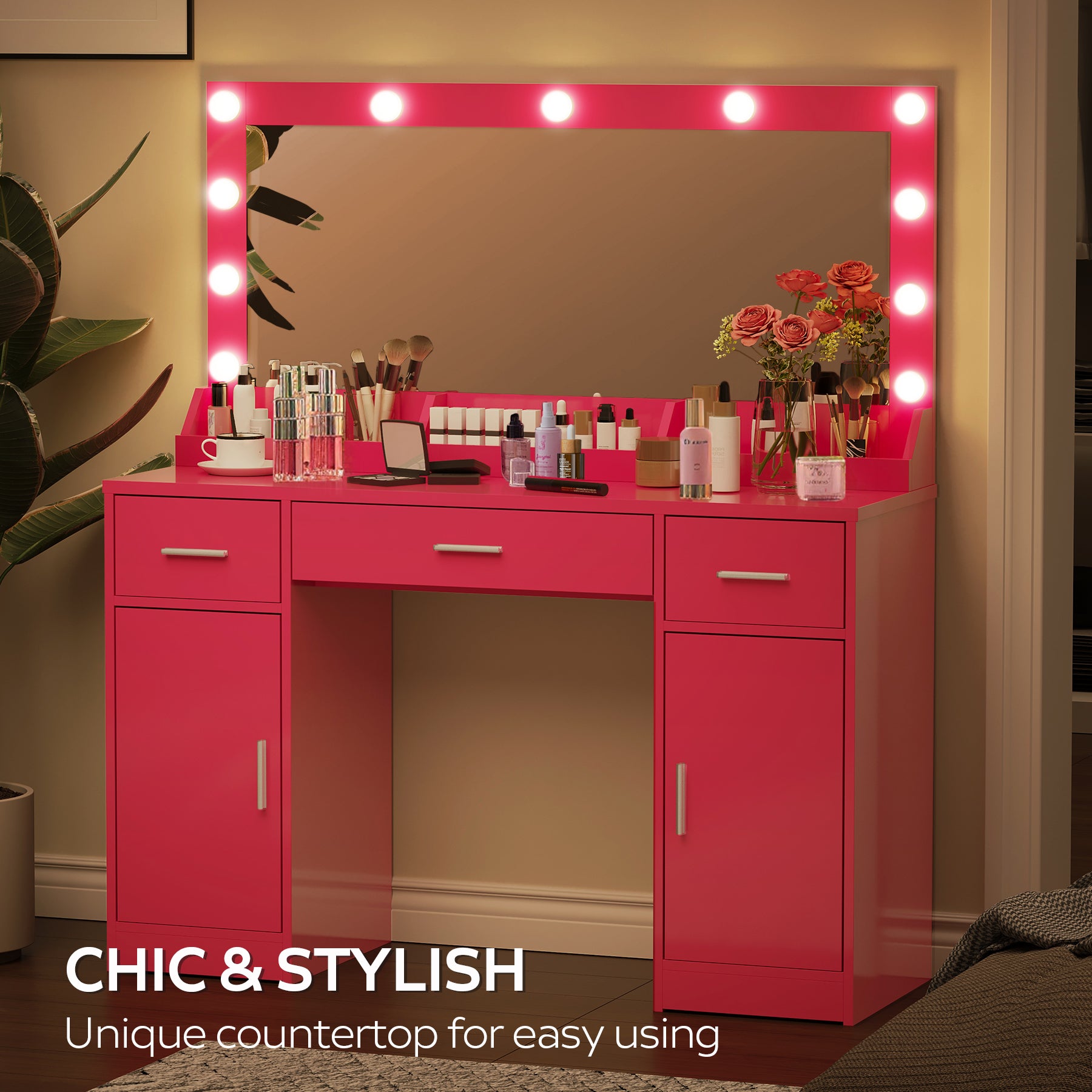 47.2"Vanity Desk with Large Mirror, 3 Colour Lighting Modes, Adjustable Brightness, Dresser with 3 Drawers & 2 Vertical Cabinets, Makeup Vanity Table for Women &  Girls (Rose Pink)