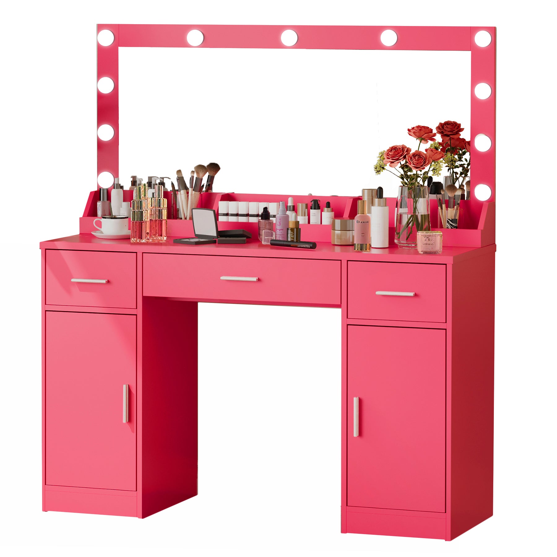 47.2"Vanity Desk with Large Mirror, 3 Colour Lighting Modes, Adjustable Brightness, Dresser with 3 Drawers & 2 Vertical Cabinets, Makeup Vanity Table for Women &  Girls (Rose Pink)