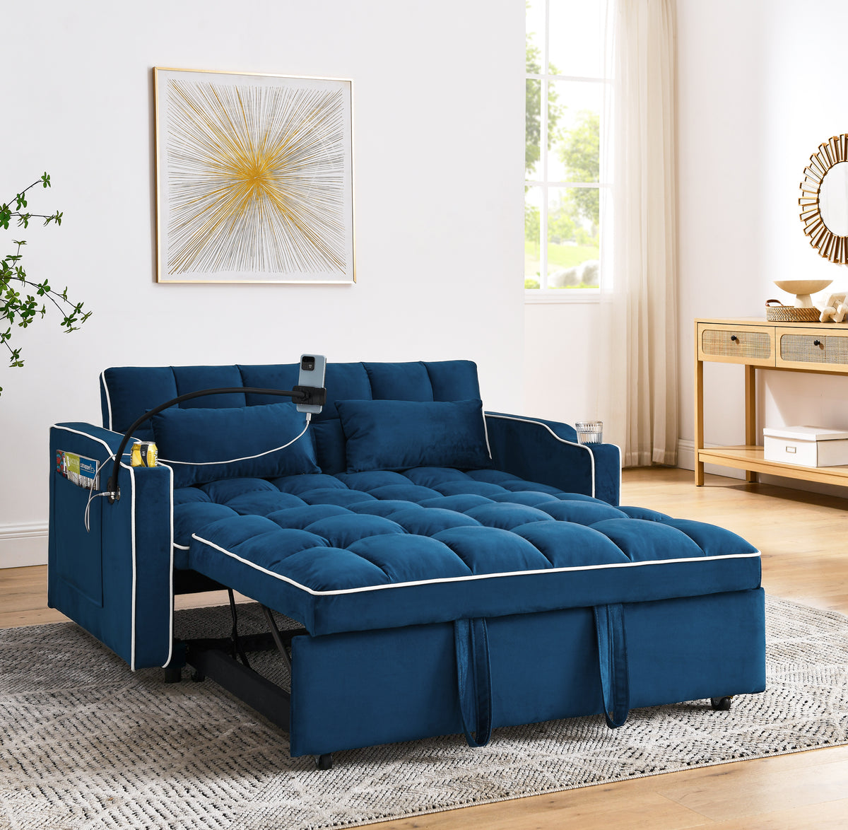 55.51" Foldable Velvet Sofa Bed with Adjustable Back, Pull-Out Design with USB Port, Ashtray, and Swivel Phone Stand, Blue