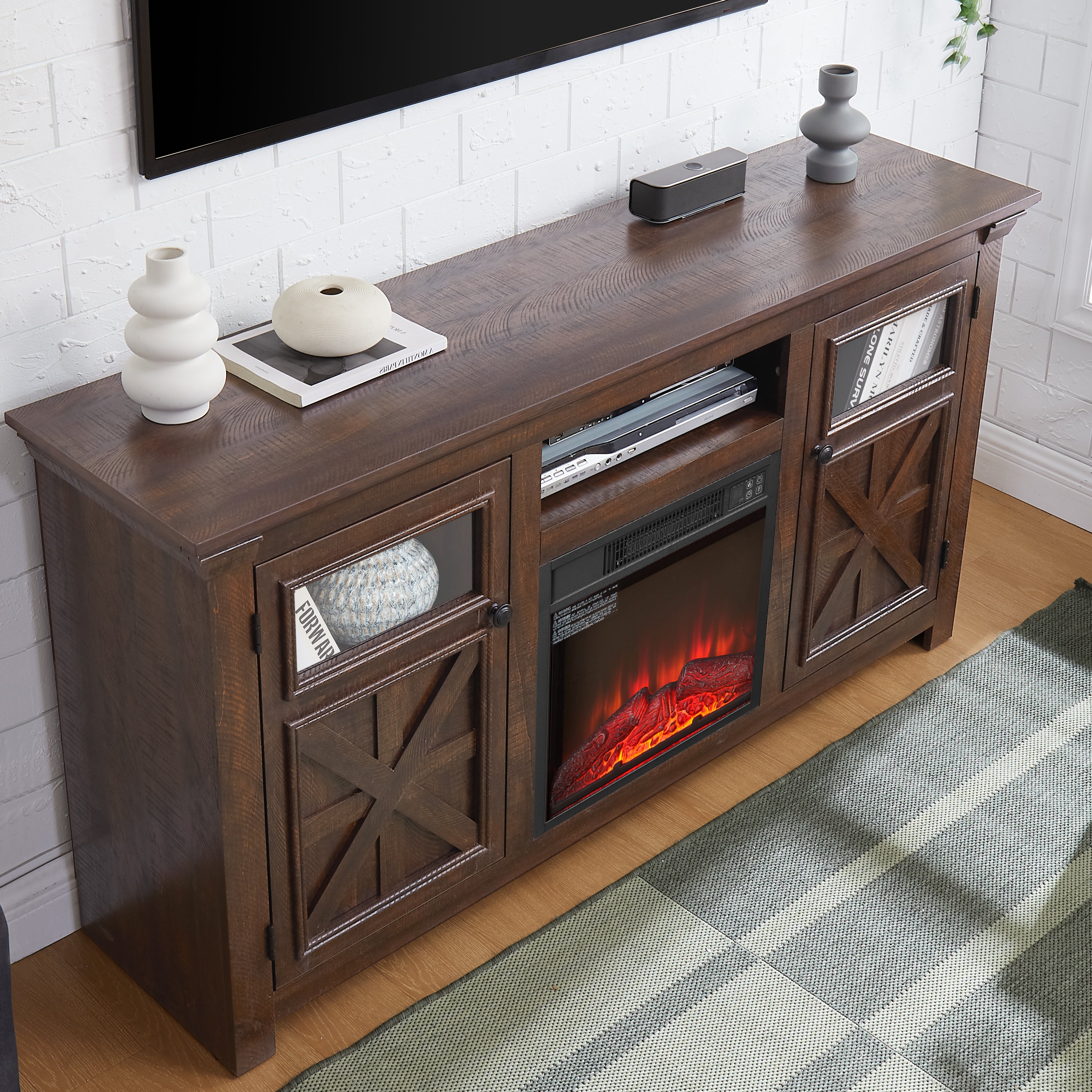 Farmhouse TV Stand with 2 Doors, Barn Design, Large Media Console with 18" Electric Fireplace Insert, Dark Brown