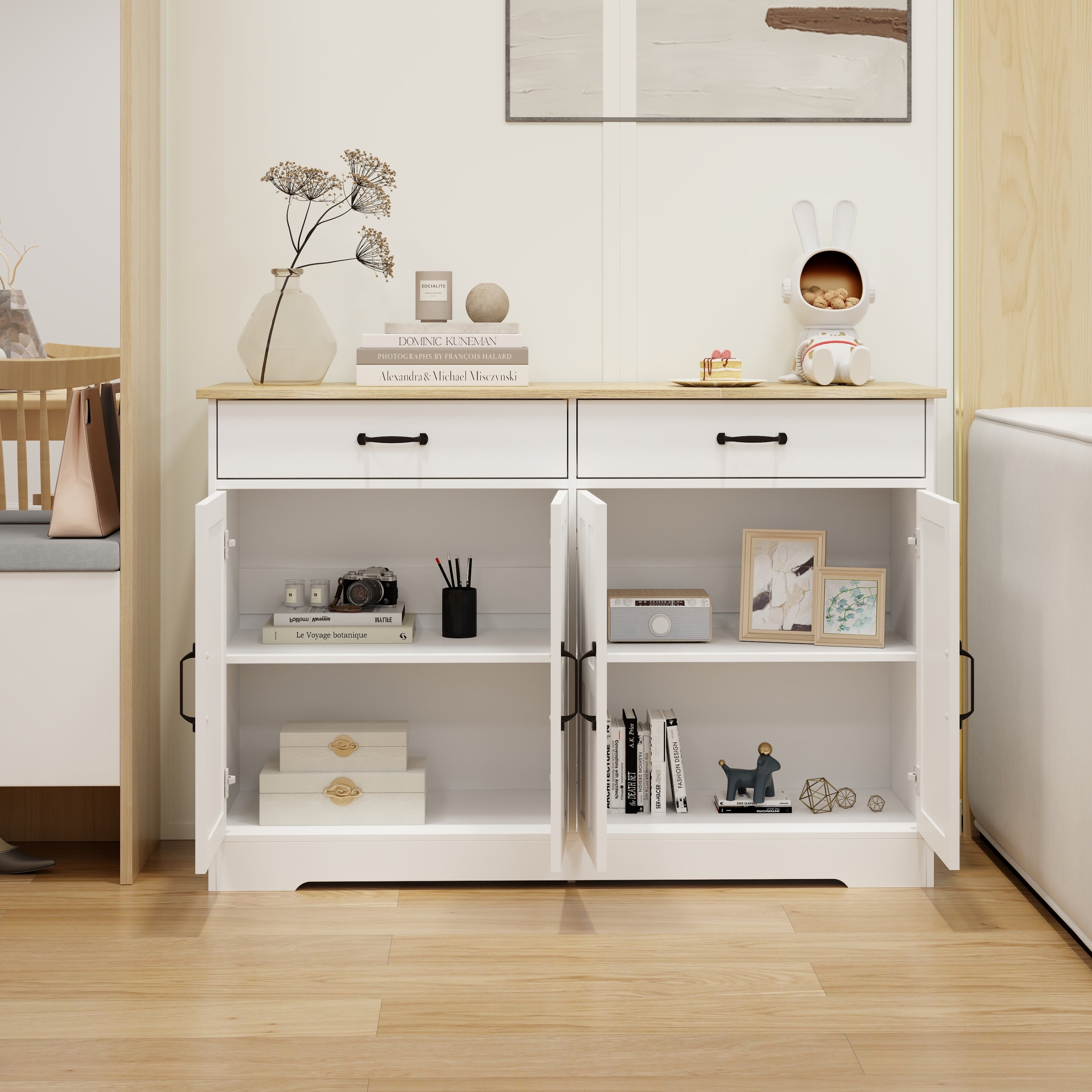 47.95" Farmhouse Buffet Cabinet Storage Sideboard with 2 Drawers and 4 Doors for Dining Living Room Kitchen Cupboard-White