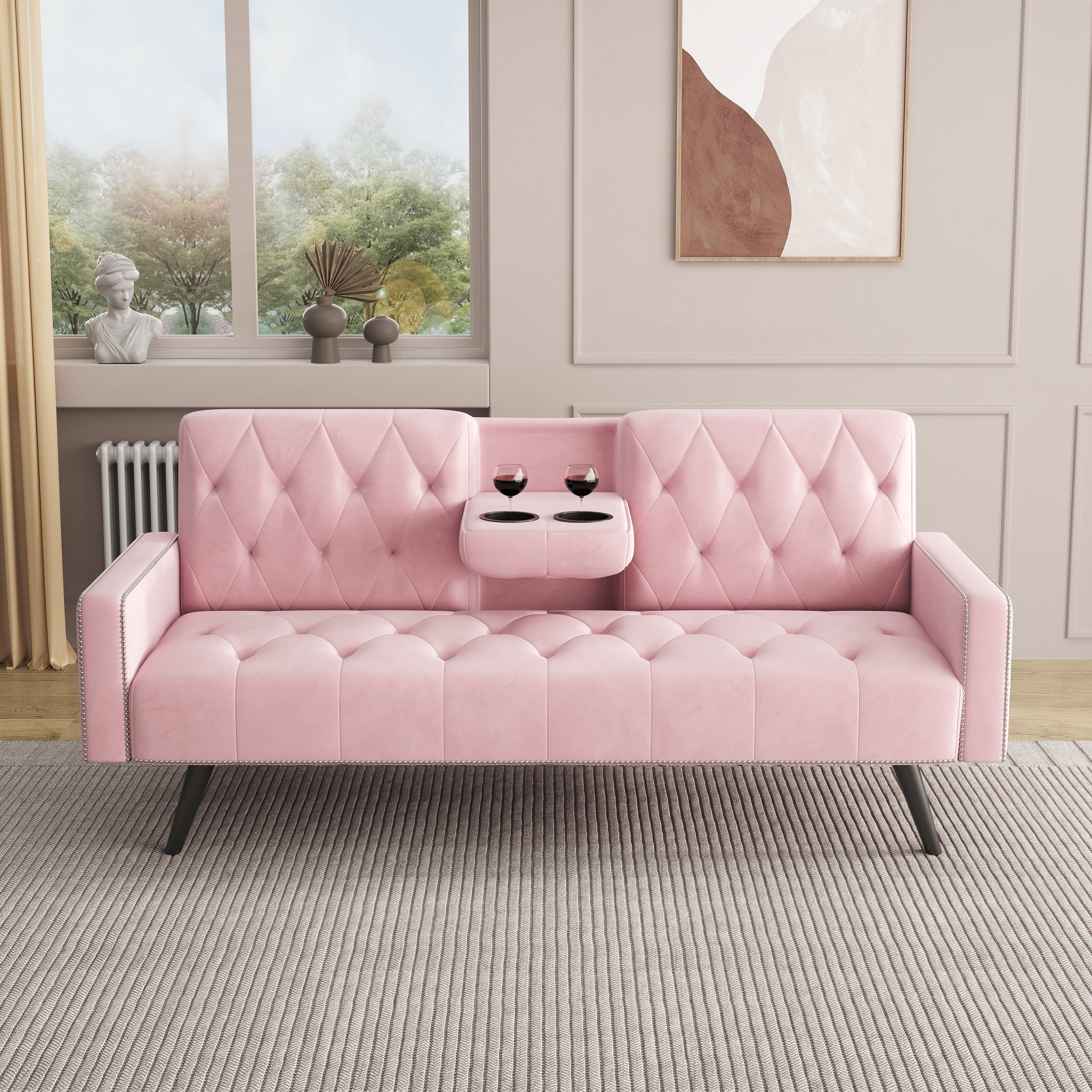 72" Pink Velvet Sofa Bed with Nail Head Trim & Two Cup Holders Sleeper Sofa for Small Living Room