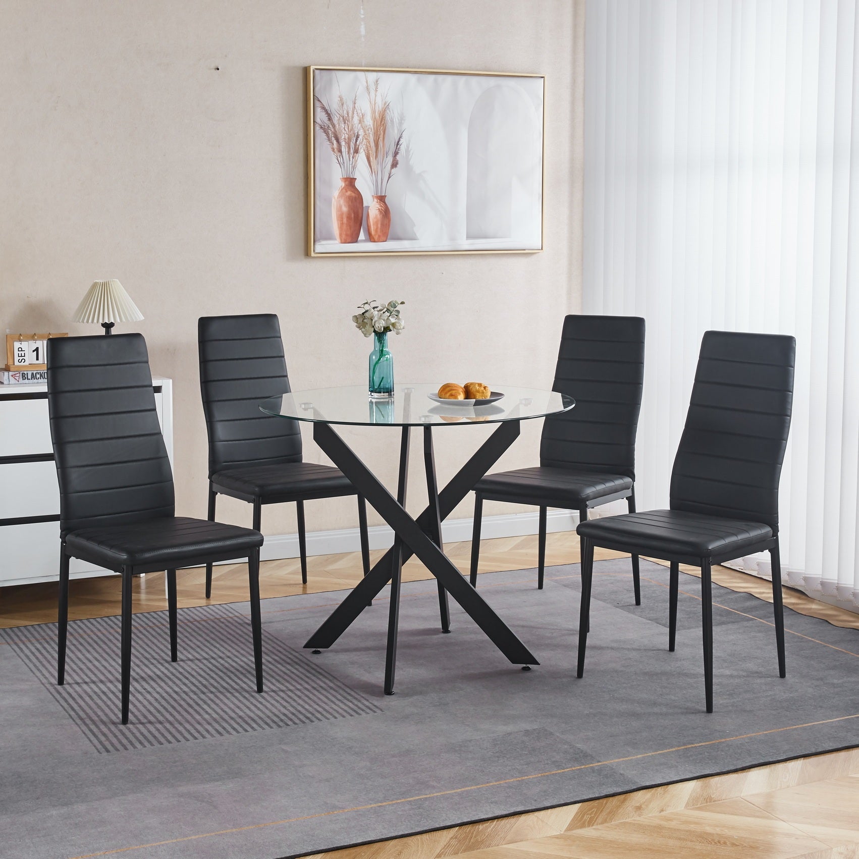 Black Dining Table with cross metal leg and tempered glass,Modern Space Saving Kitchen Table for Living Room