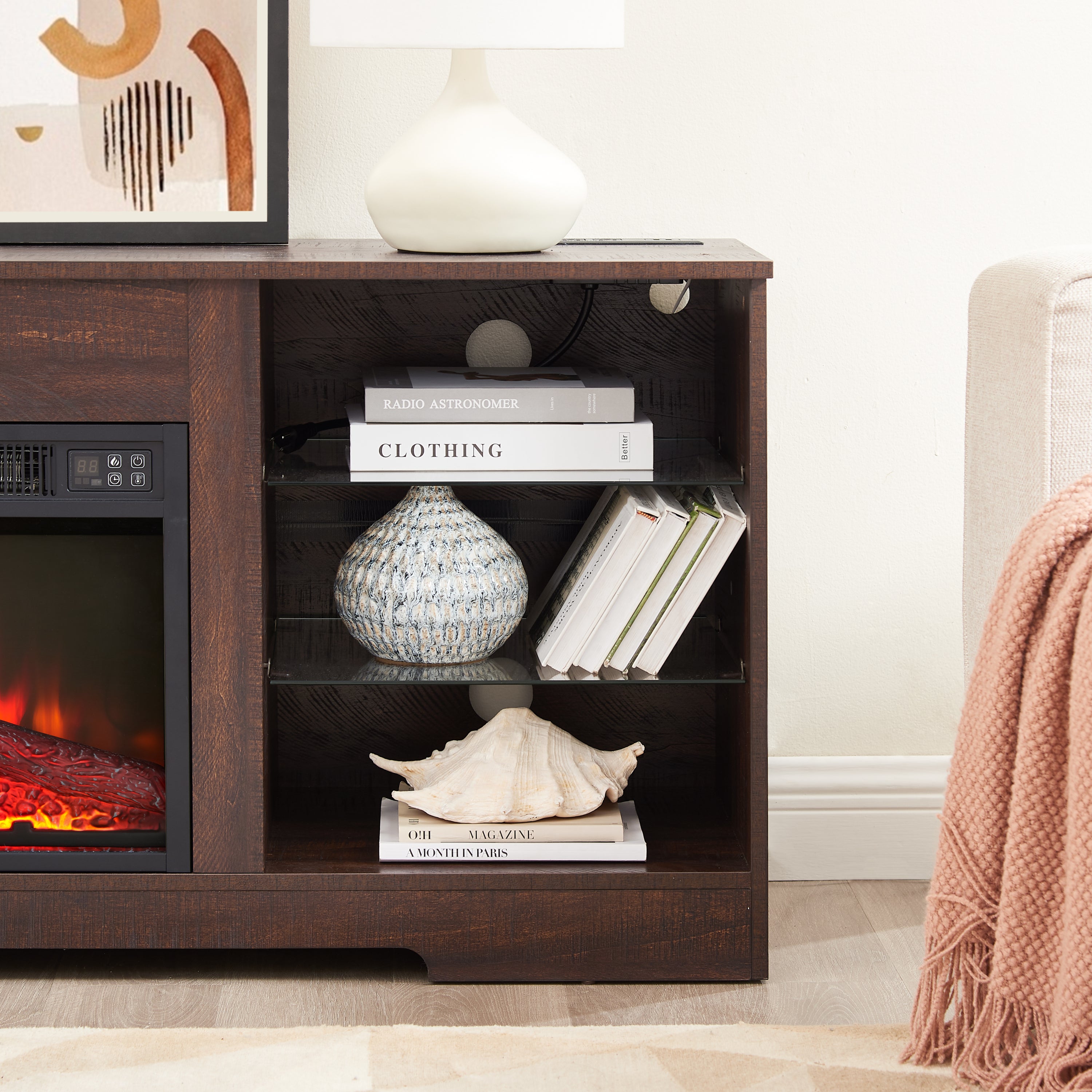 Electric Fireplace TV Stand with Glass Shelves, LED Lights, USB Charging Outlet, Fits TVs up to 62", Dark Brown