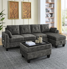 Sectional 3-Seaters Sofa ,Double-sided multi-functional footstool, storage mat , Non-slip leg, two pillows, Velvet, Dark grey