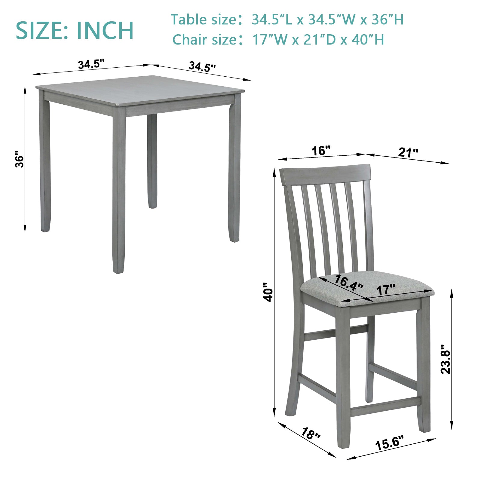 5 Piece Dining Table Set, Wooden Dining Square Table Set for 4, Counter Height Kitchen Table Set with Square Table and 4 Upholstered Chairs for Small Space, Gray