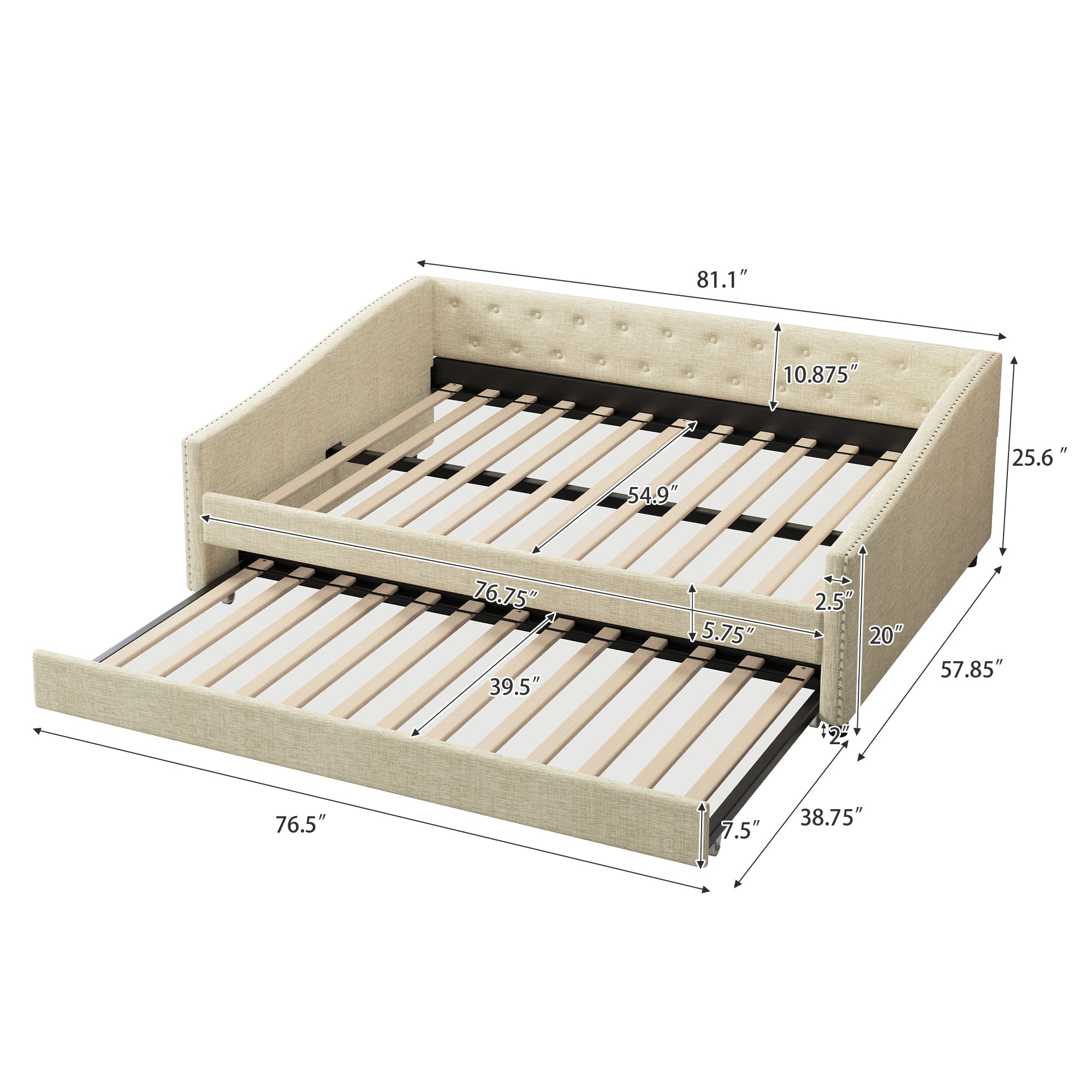 Full Size Daybed with Twin Size Trundle Upholstered Tufted Sofa Bed, with Button on Back and Copper Nail on Waved Shape Arms-Beige